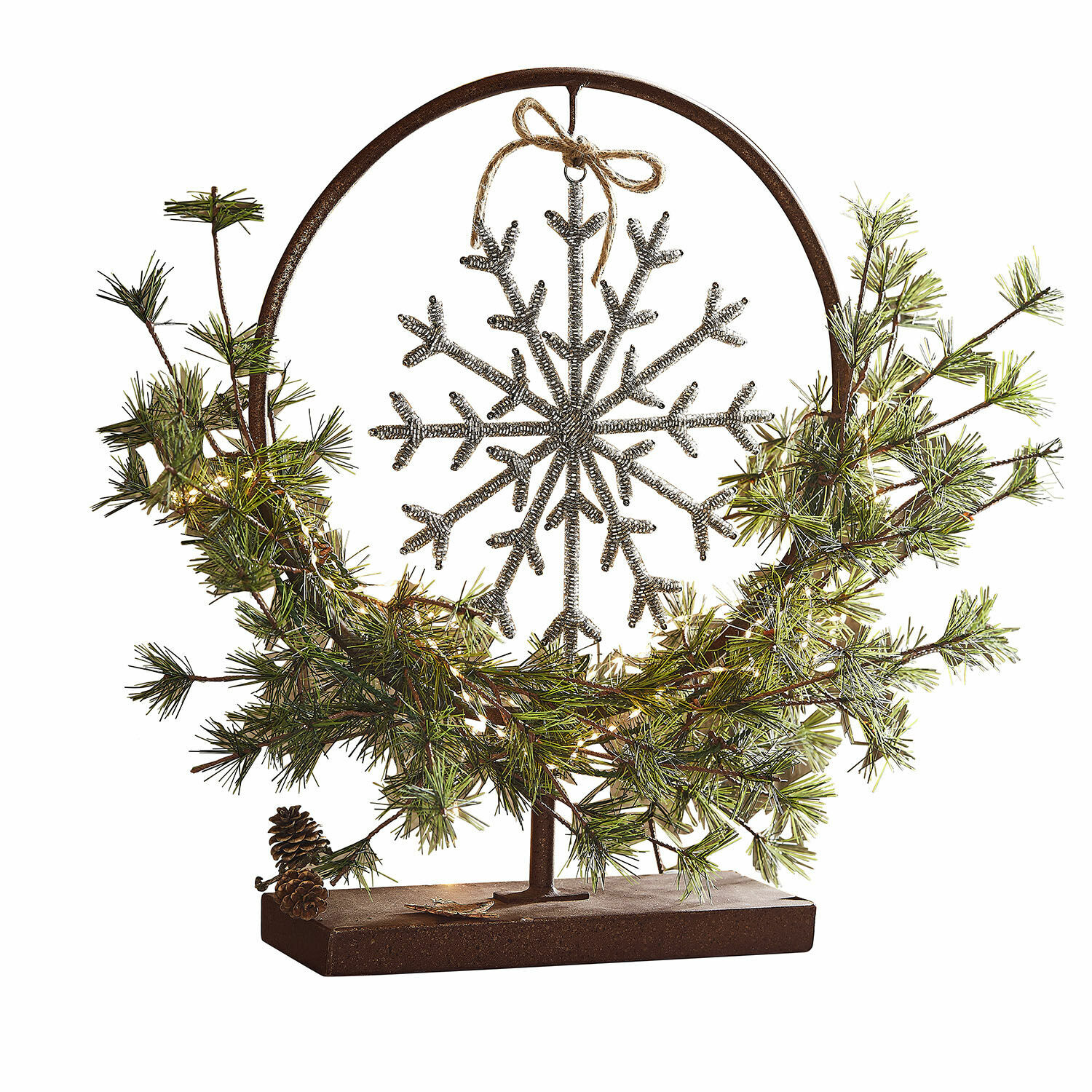 Support décoratif Nélivanne Décoration de Noël avec support en métal, branches vertes et flocon de neige argenté
