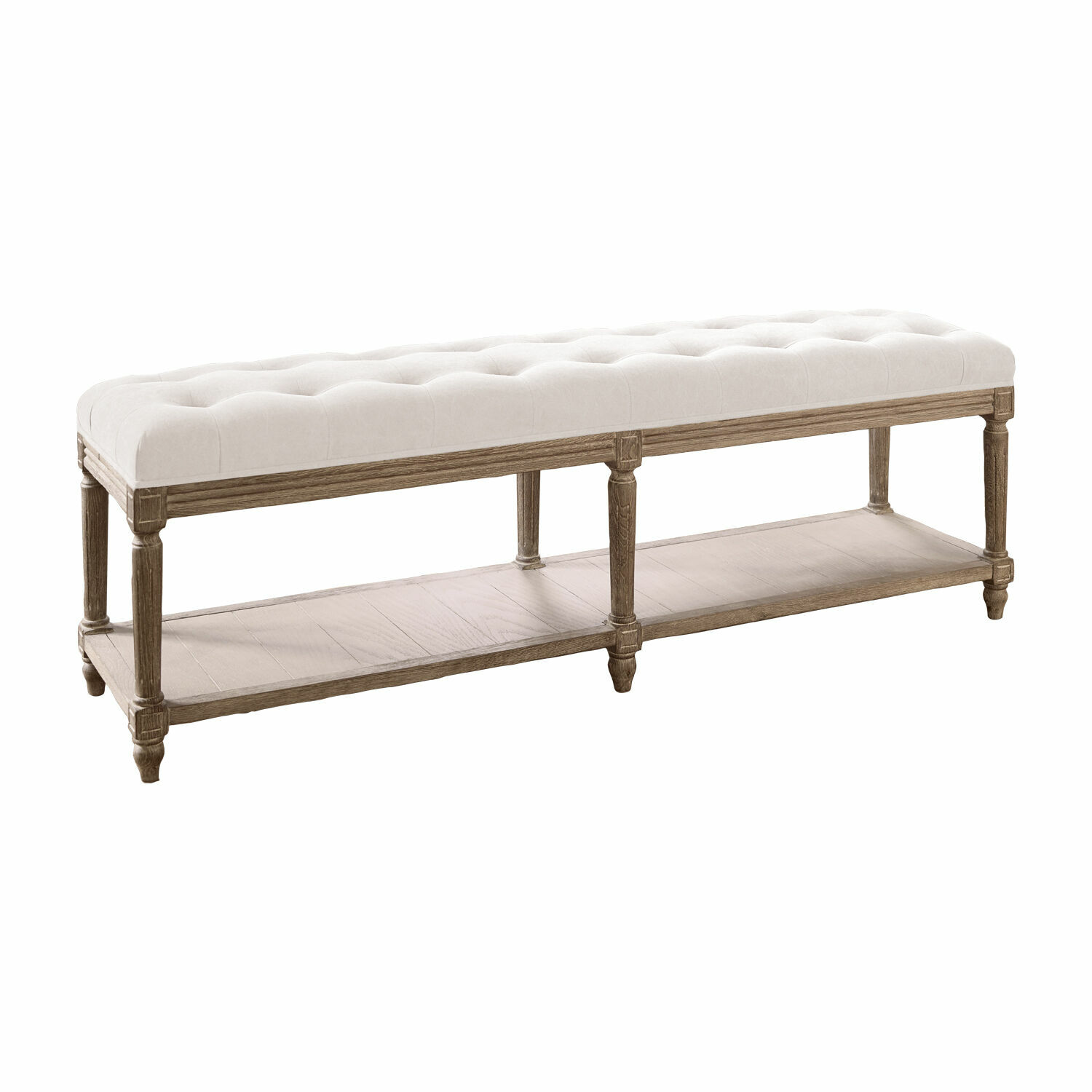 Banc Surcelles Banc rembourré en tissu clair avec étagère en bois naturel pour rangement pratique