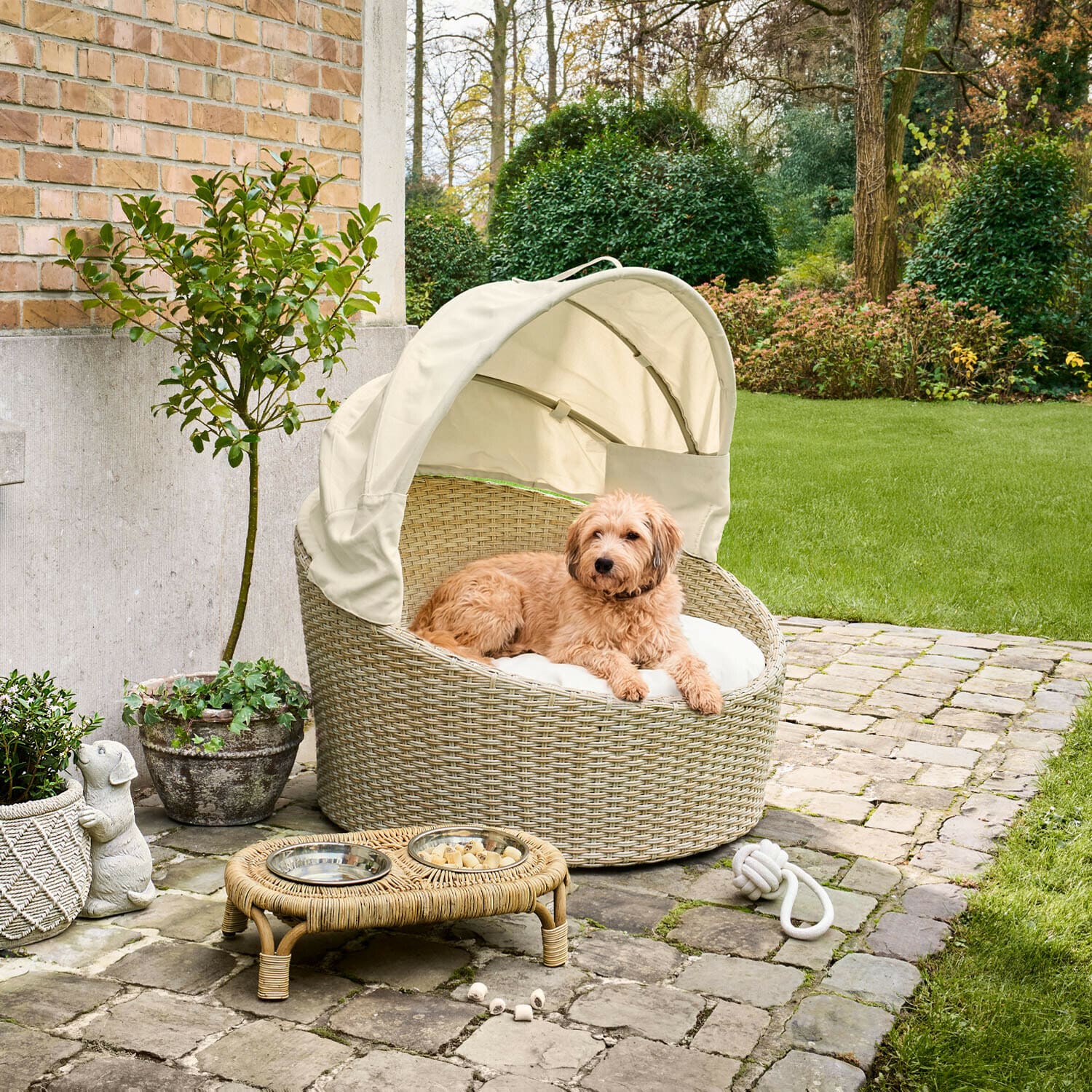 Panier d’intérieur et d’extérieur pour animaux Brinelza Panier rond en rotin beige avec auvent crème et coussin pour chien dans un jardin pavé