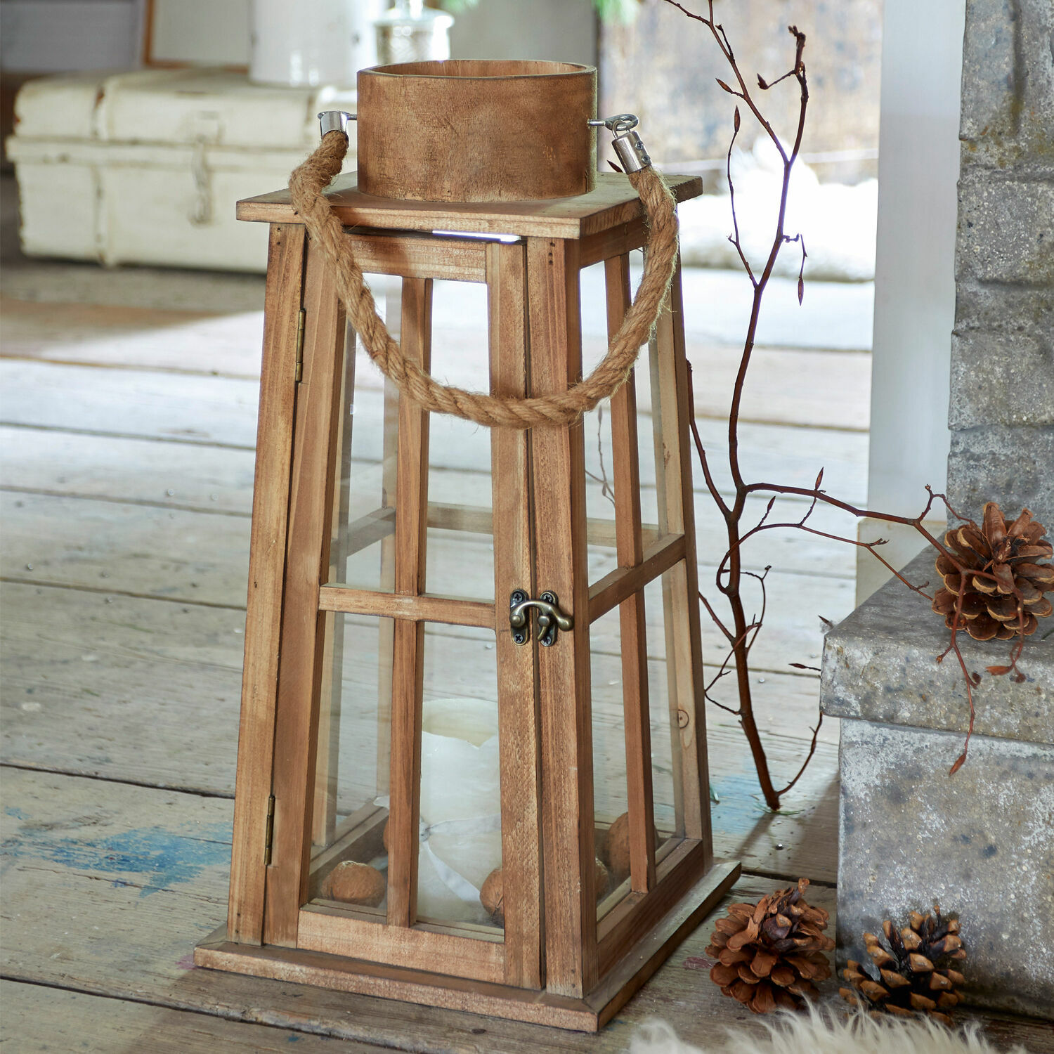 Lanterne Illtra Lanterne en bois avec poignée en corde et panneaux en verre pour bougie, décoration intérieure rustique