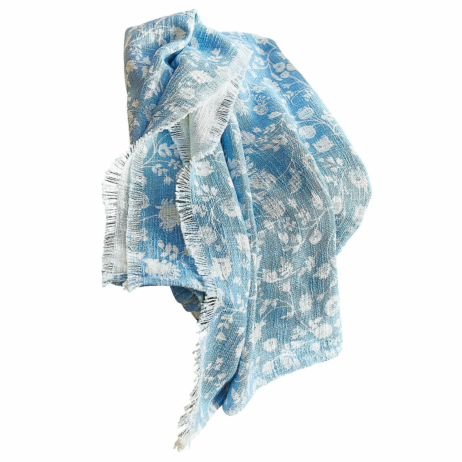 Plaid Corvelique Plaid en coton bleu avec motif floral blanc et franges, doux et décoratif