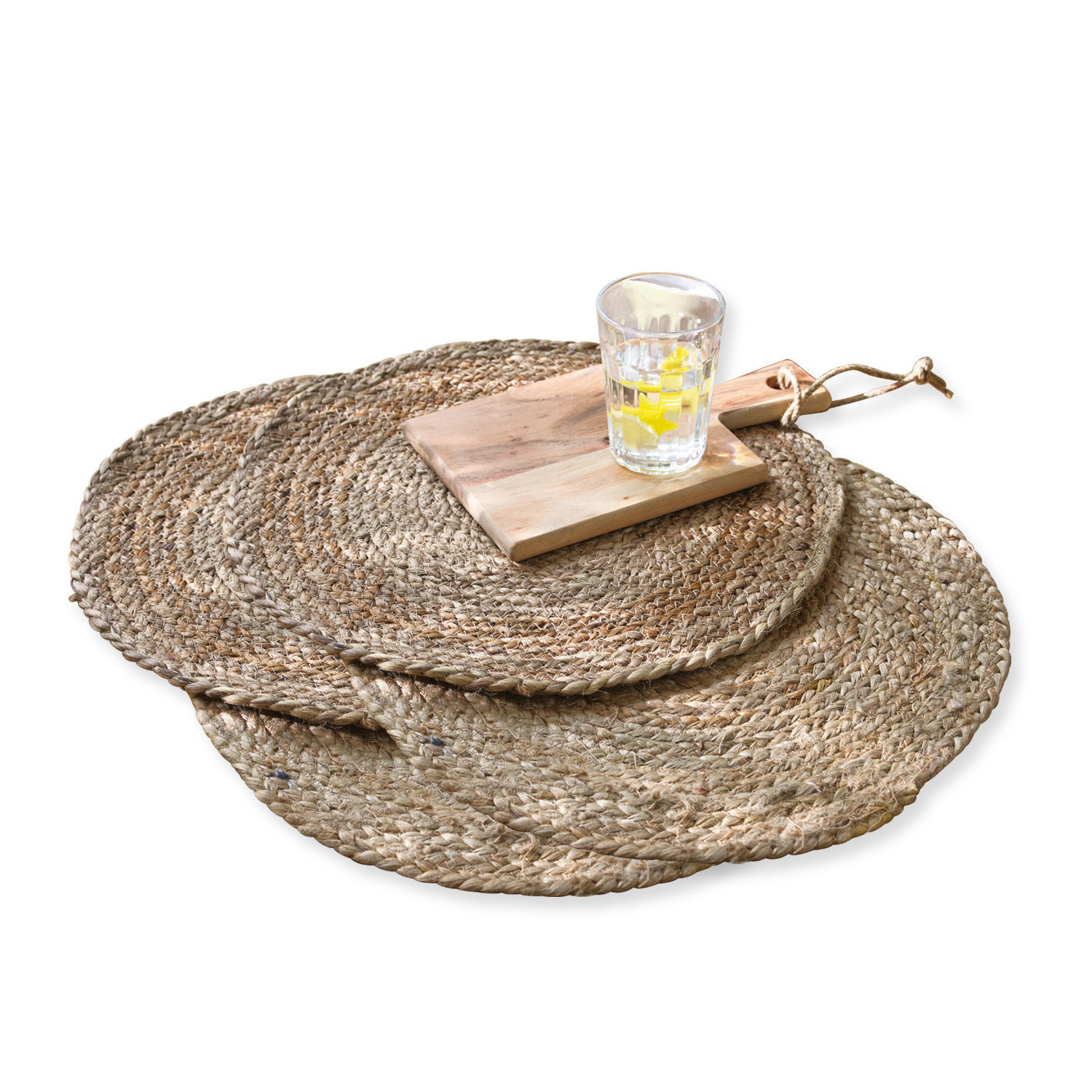Lot de 4 sets de table Dooling Ensemble de sets de table ronds en jute couleur naturelle avec planche à découper et verre d'eau