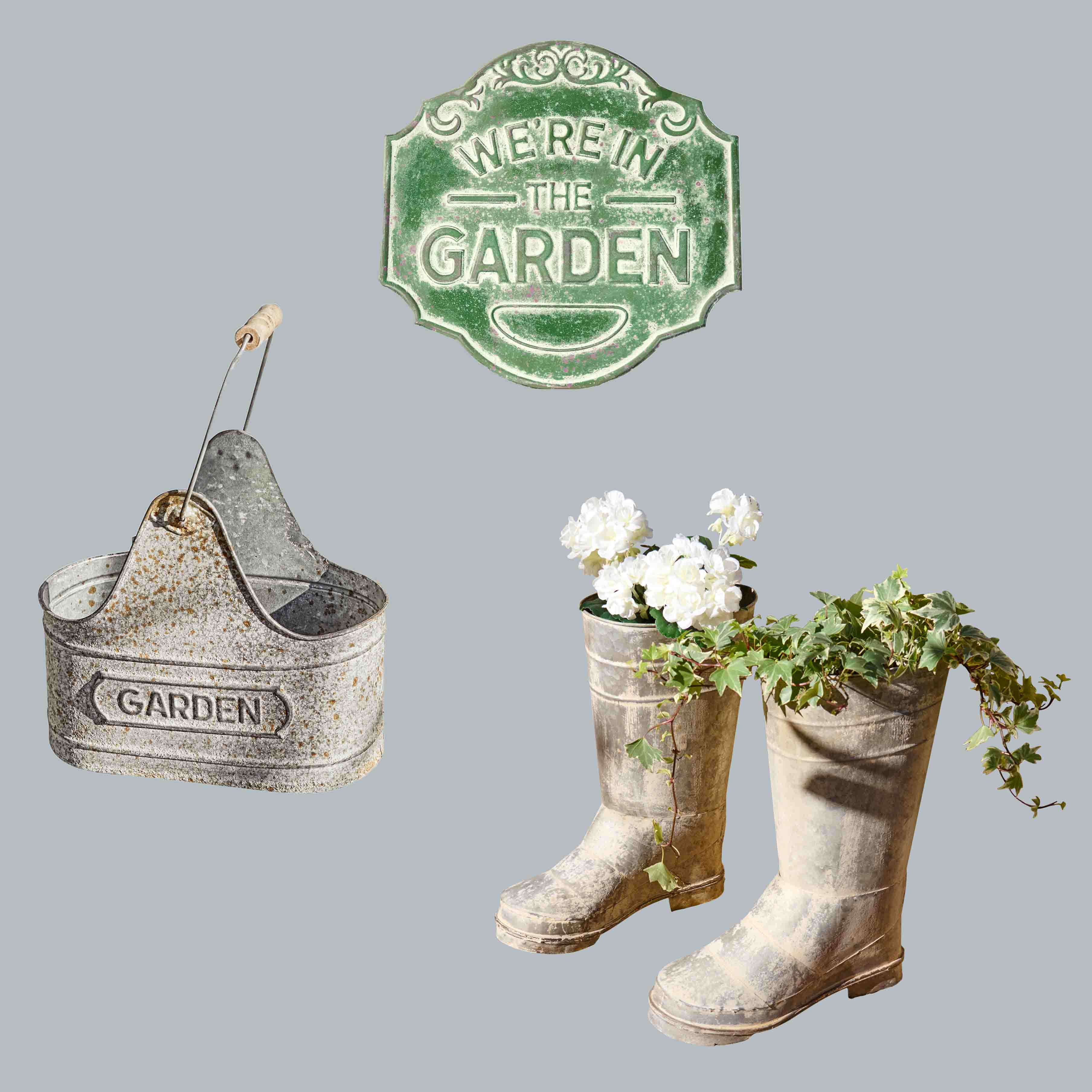 Ensemble de décoration de jardin avec bac en métal, plaque verte et bottes remplies de fleurs