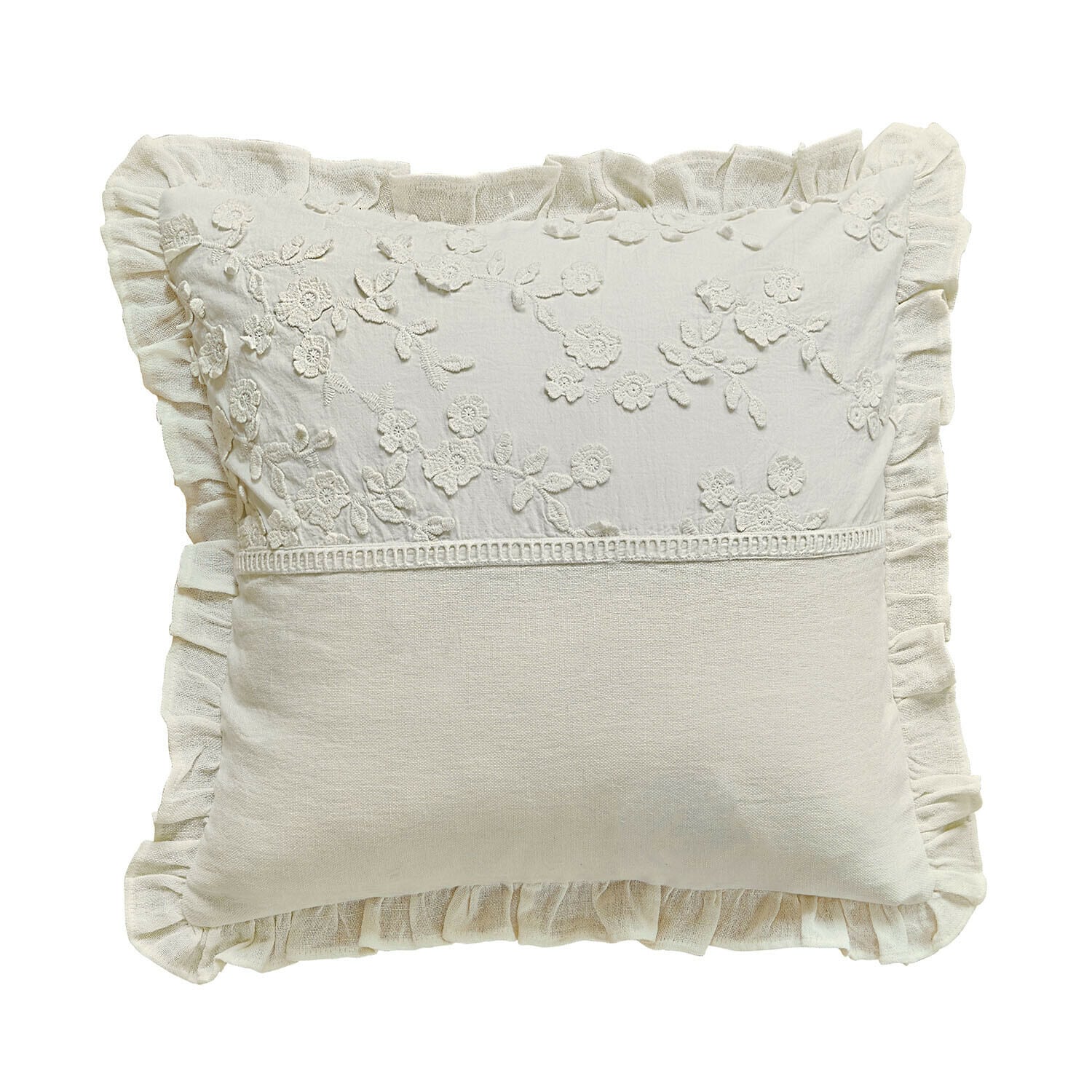 Housse de coussin Lunérie Coussin décoratif beige en coton avec broderies florales et volant, style rustique