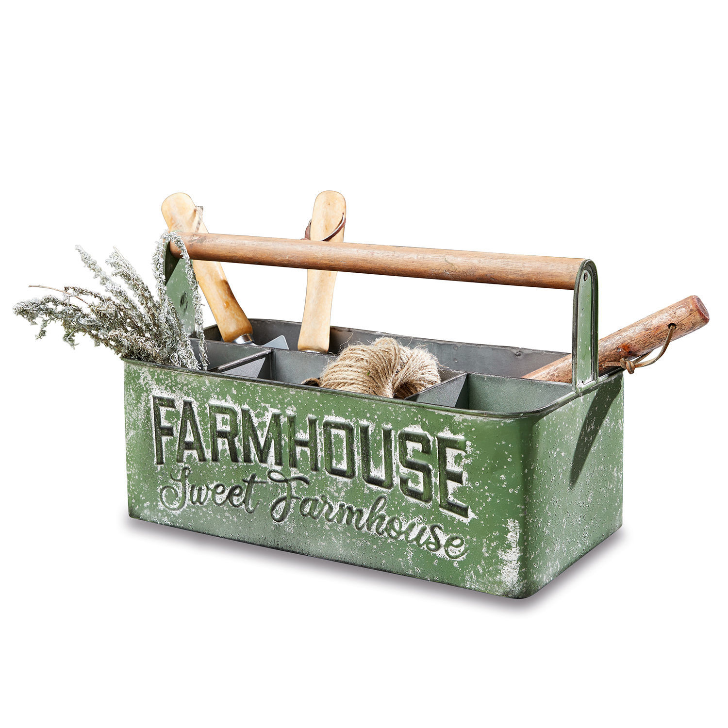 Caisse de rangement Farmhouse Organisateur en métal vert avec poignée en bois et inscription Farmhouse, outils de jardinage et corde à l'intérieur