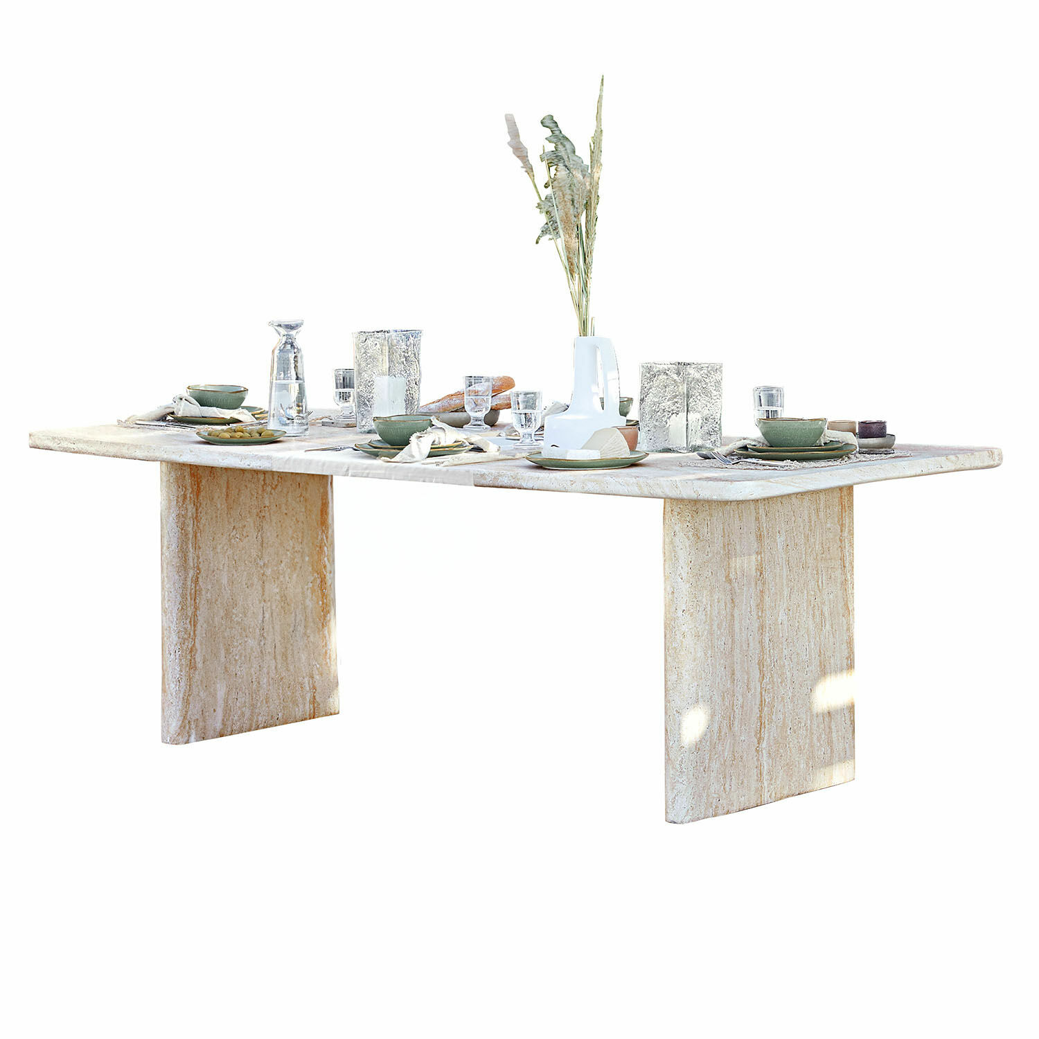 Table de salle à manger Yveline Table à manger en marbre clair avec décoration et vaisselle verte, design moderne et élégant