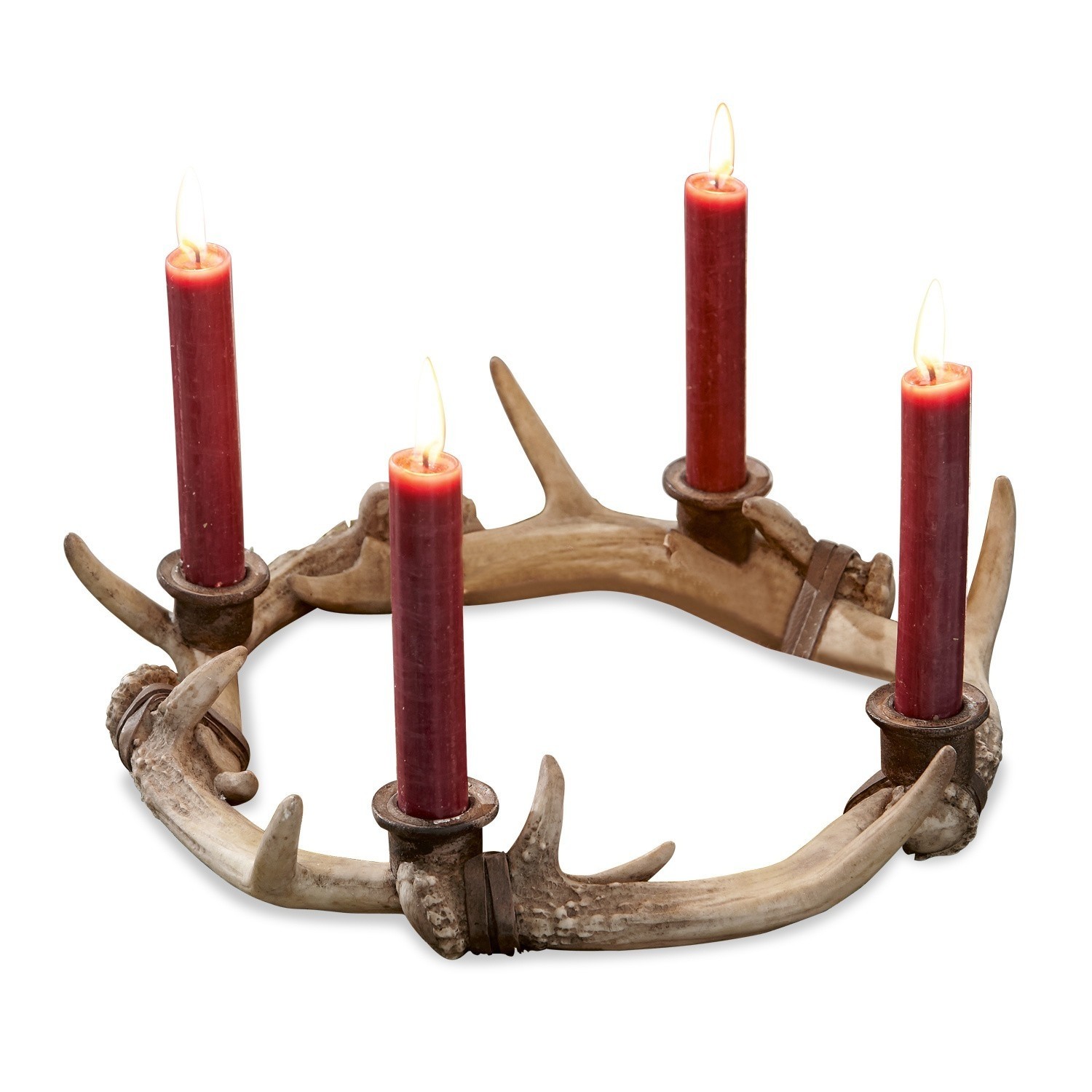 Couronne à bougies Joby Chandelier décoratif en bois de cerf avec quatre bougies rouges, ambiance rustique chaleureuse
