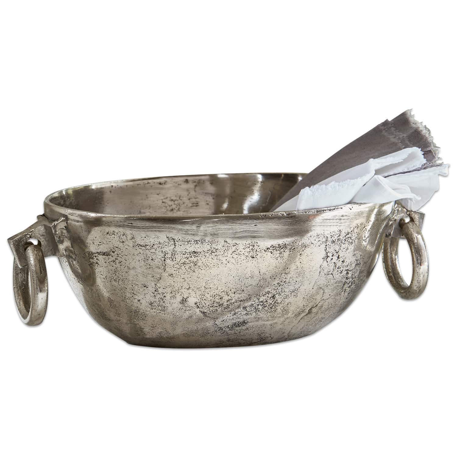 Coupe Starlett Bol décoratif en métal argenté avec poignées et serviettes en lin, style rustique élégant