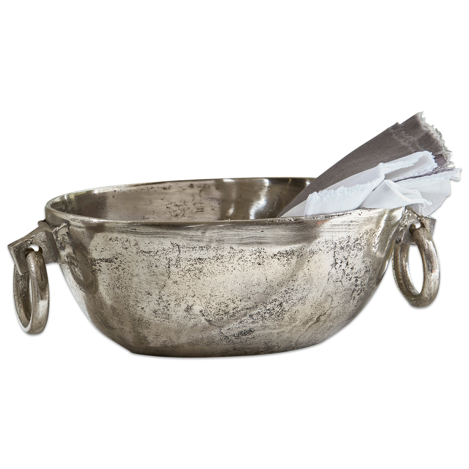 Coupe Starlett Bol décoratif en métal argenté avec poignées et serviettes en lin, style rustique élégant