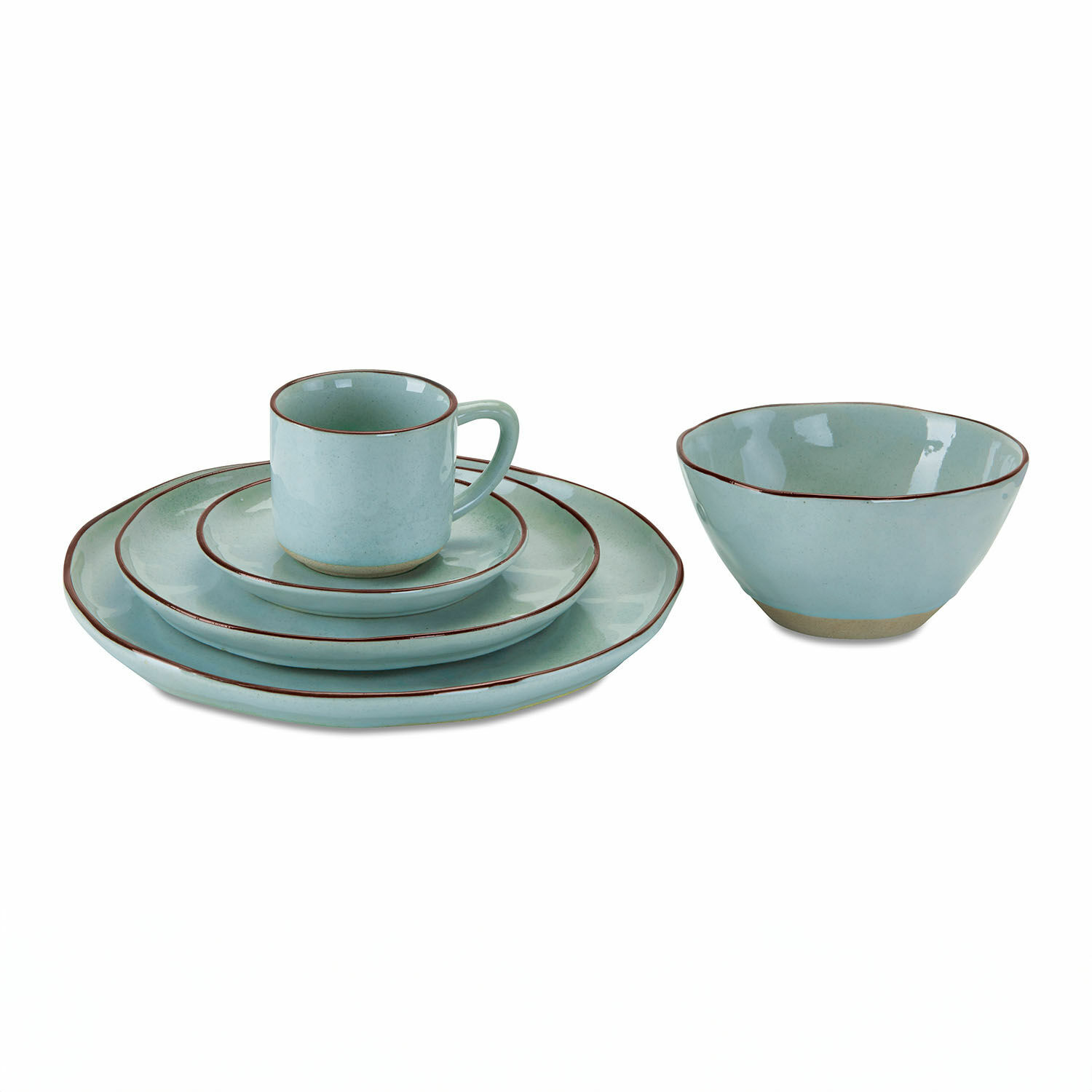 Service 30 pièces Biarré Service de table en céramique bleu clair avec bordure marron, comprenant assiettes, tasse et bol