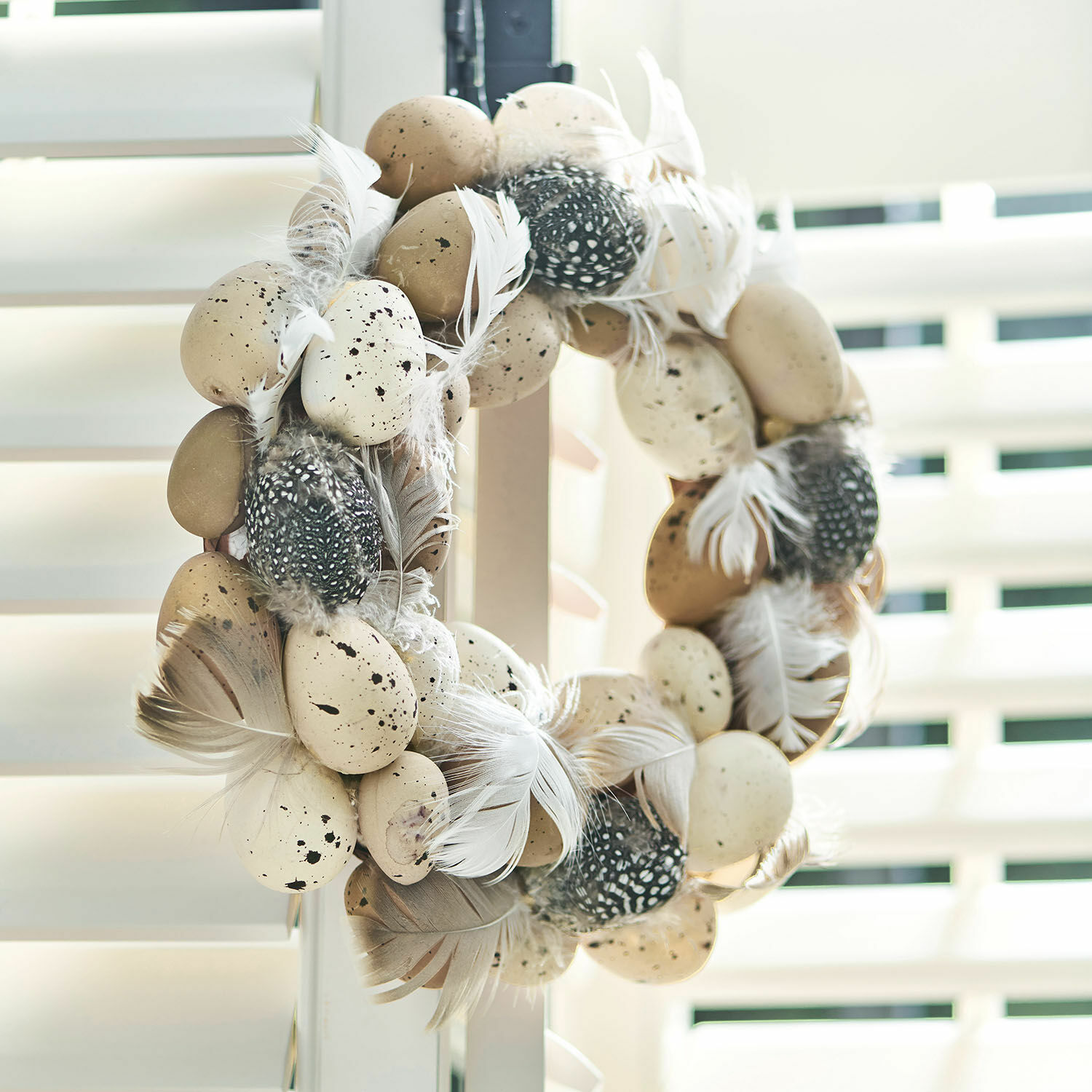 Couronne d'œufs Harera Couronne décorative avec plumes beiges et noires et œufs artificiels pour décoration printanière