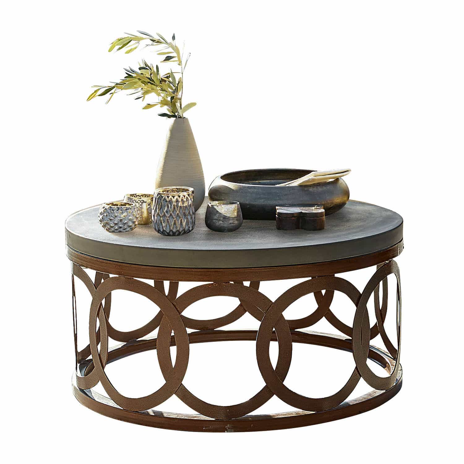 Table basse Boécourt Table basse ronde avec base en métal rouille et plateau en béton, décorations posées dessus