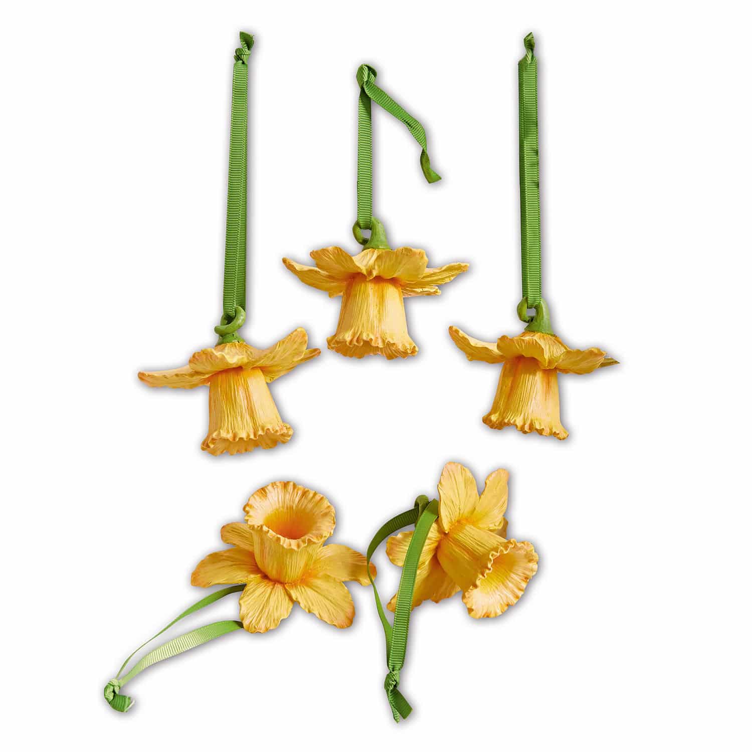 Lot de 5 décorations à suspendre Lozere Ensemble de cinq décorations florales jaunes avec rubans verts pour décoration printanière