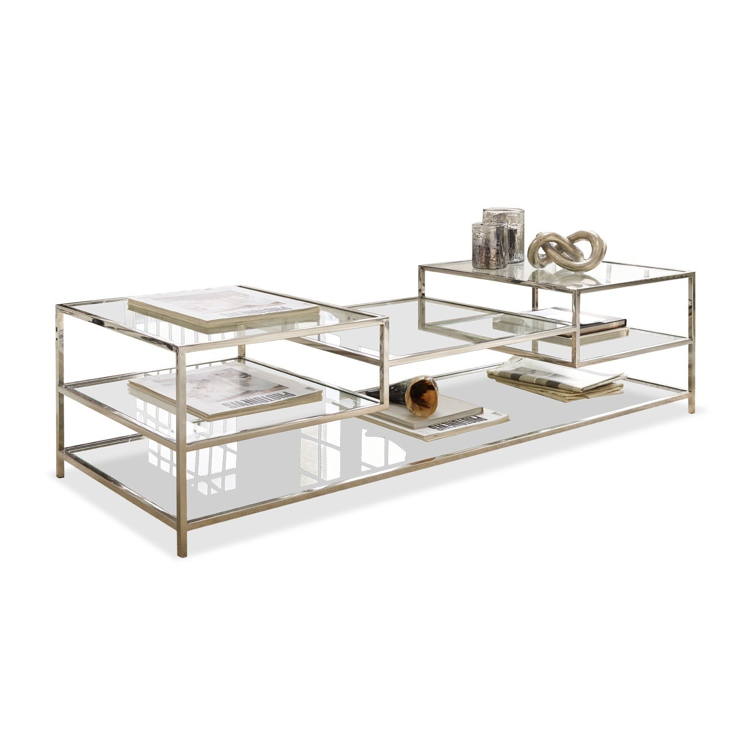 Table basse Byllis Table basse moderne en verre et métal argenté avec étagères pour livres et décorations