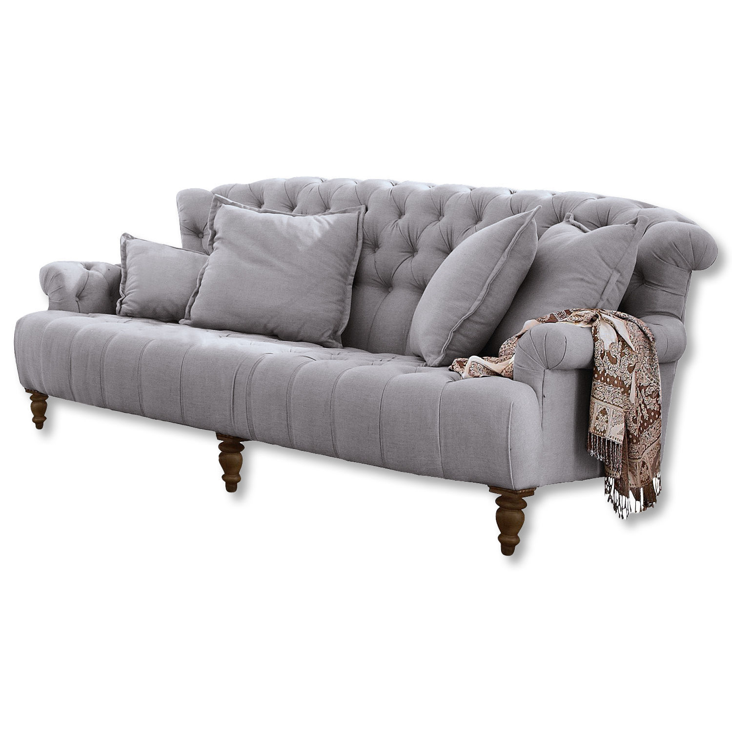 Canapé Springfield Village Canapé gris en tissu avec dossier capitonné et pieds en bois, écharpe décorative posée dessus