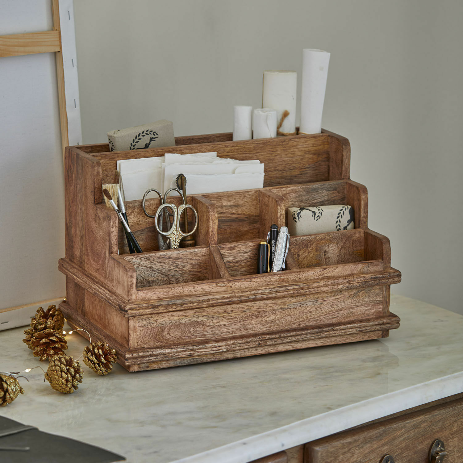 Organiseur Darymin Organisateur de bureau en bois naturel avec compartiments pour fournitures et papiers