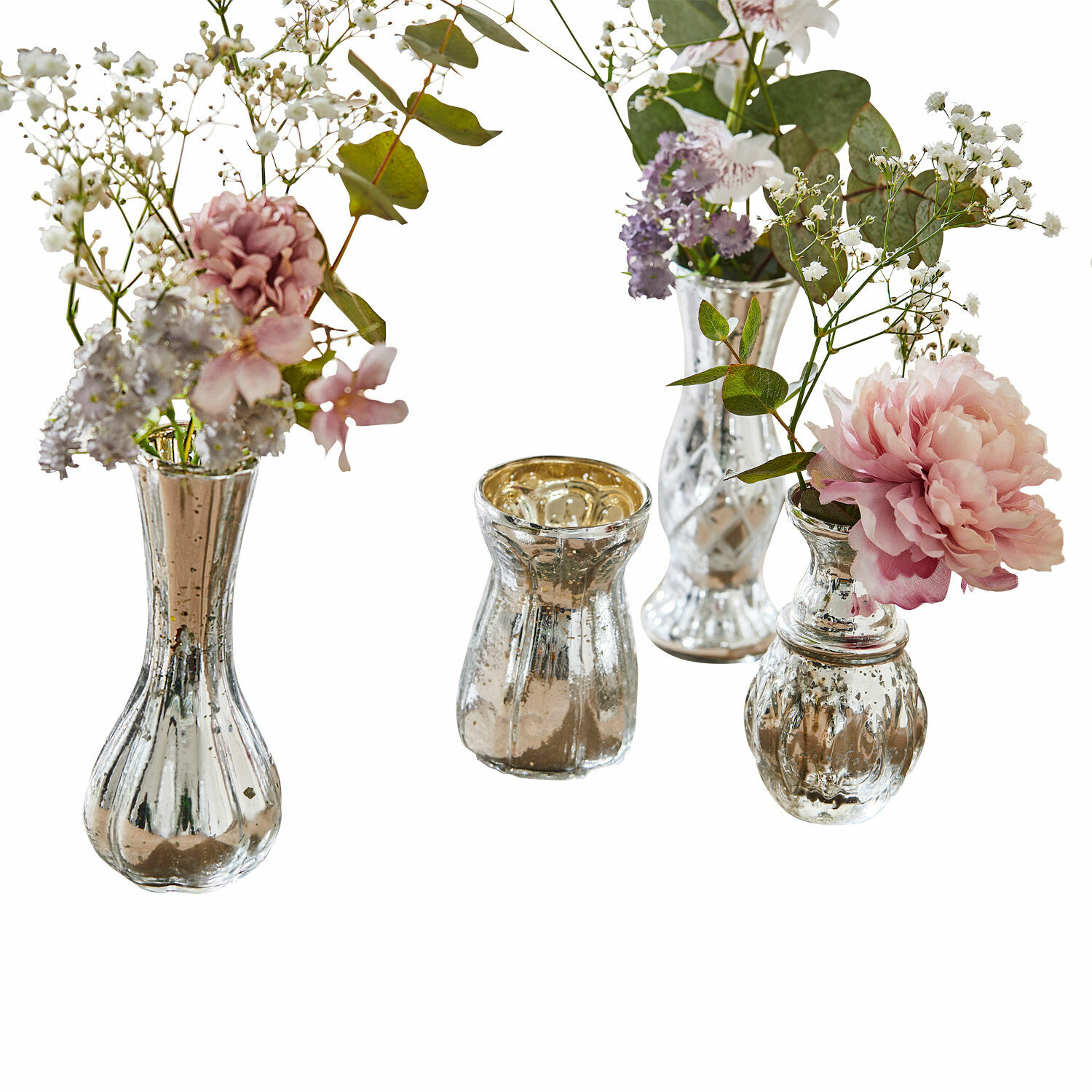 Lot de 4 vases décoratifs Maelie Ensemble de quatre vases en verre argenté avec fleurs décoratives pour intérieur