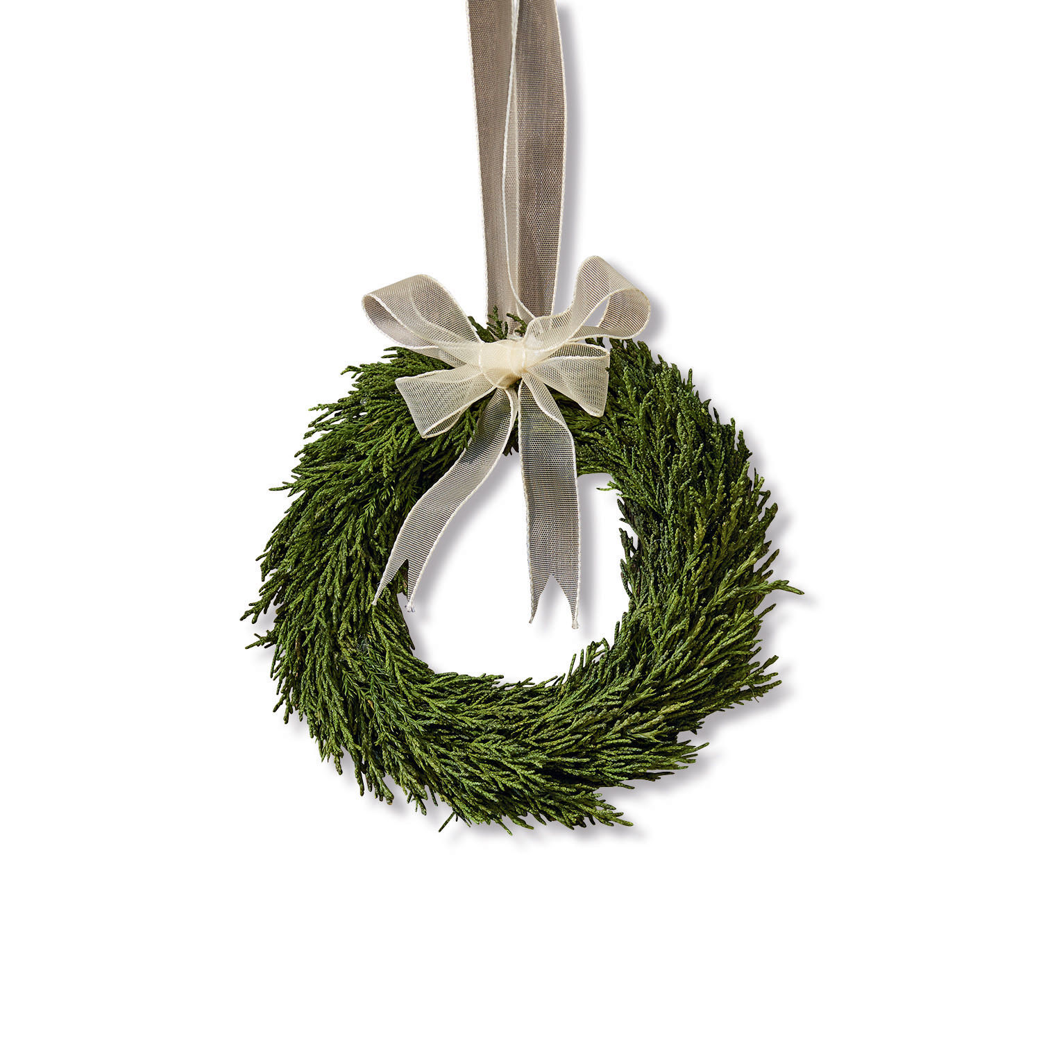 Couronne Sare Couronne verte en branches avec un ruban beige, décoration suspendue pour Noël ou porte