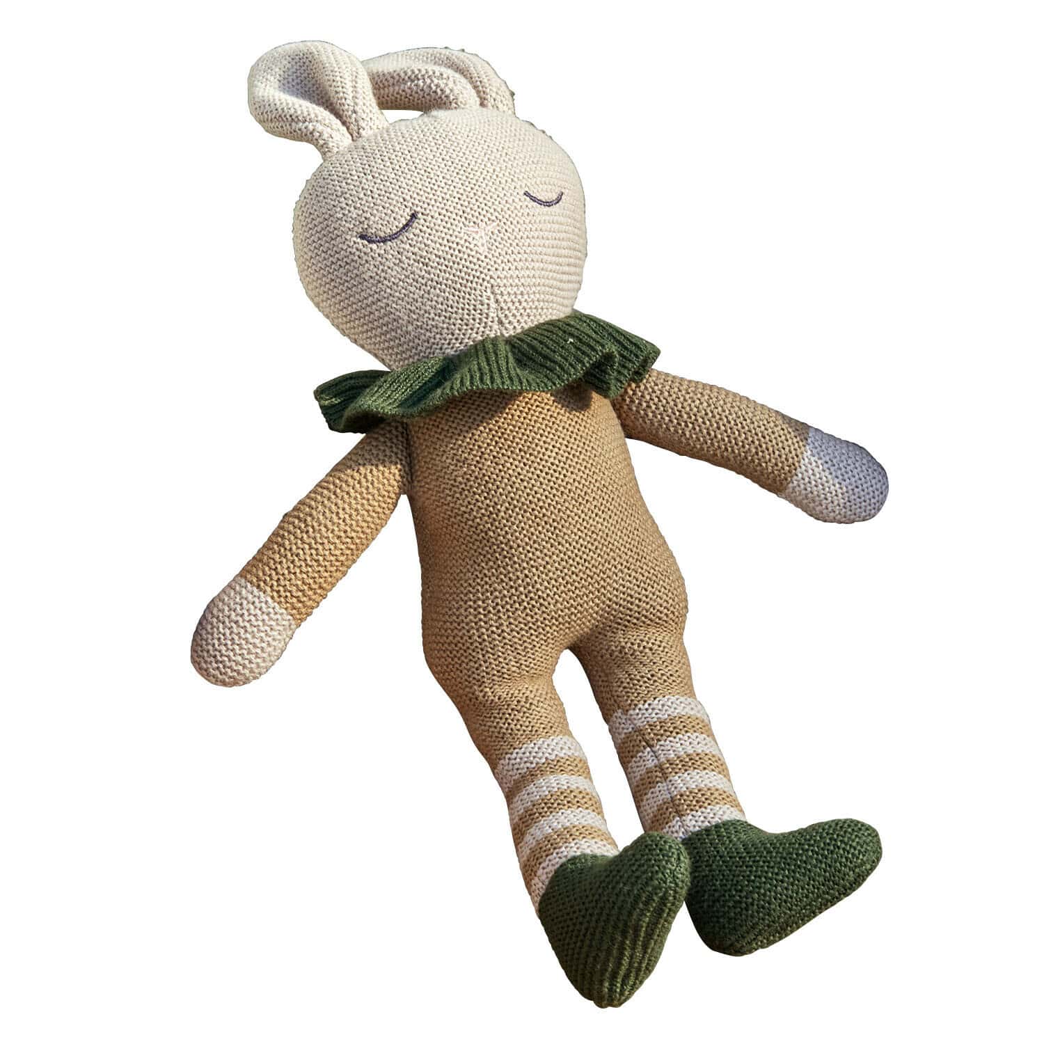 Peluche Cuddlecloud Peluche lapin tricotée beige et verte, jouet doux pour enfant, cadeau câlin