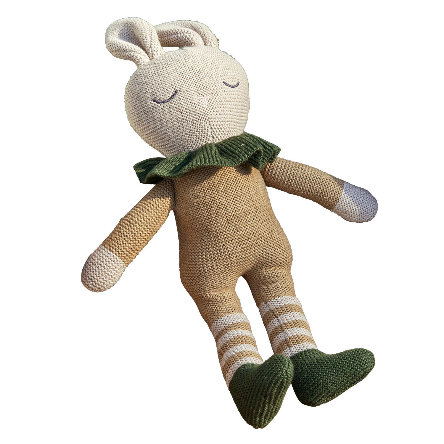 Peluche Cuddlecloud Peluche lapin tricotée beige et verte, jouet doux pour enfant, cadeau câlin