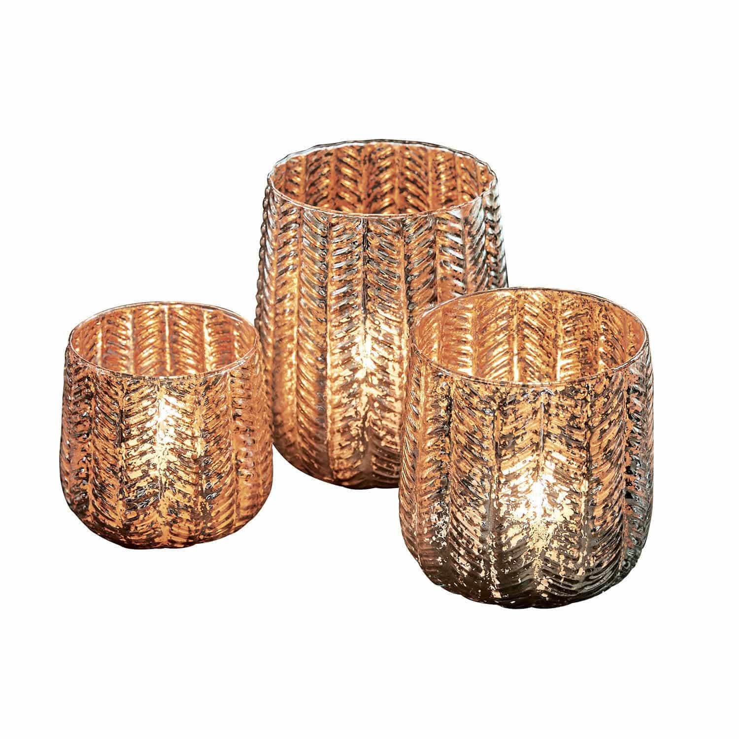 Lot de 3 photophores Centrès Ensemble de trois photophores en verre cuivré avec texture feuille, décoration intérieure élégante