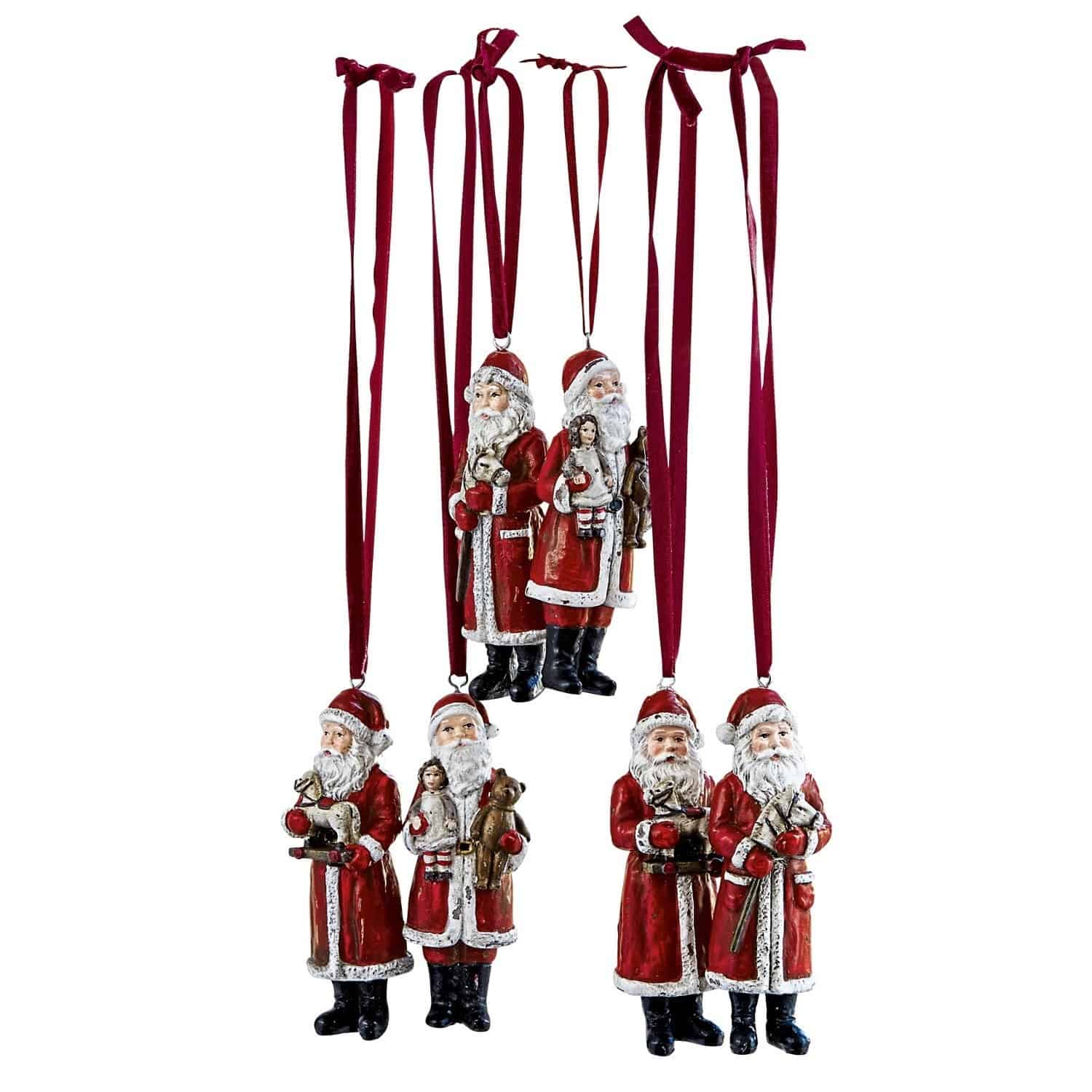 Lot de 6 Pères Noël Corvin Ensemble de décorations de Noël Père Noël rouges en matériau avec rubans pour suspendre