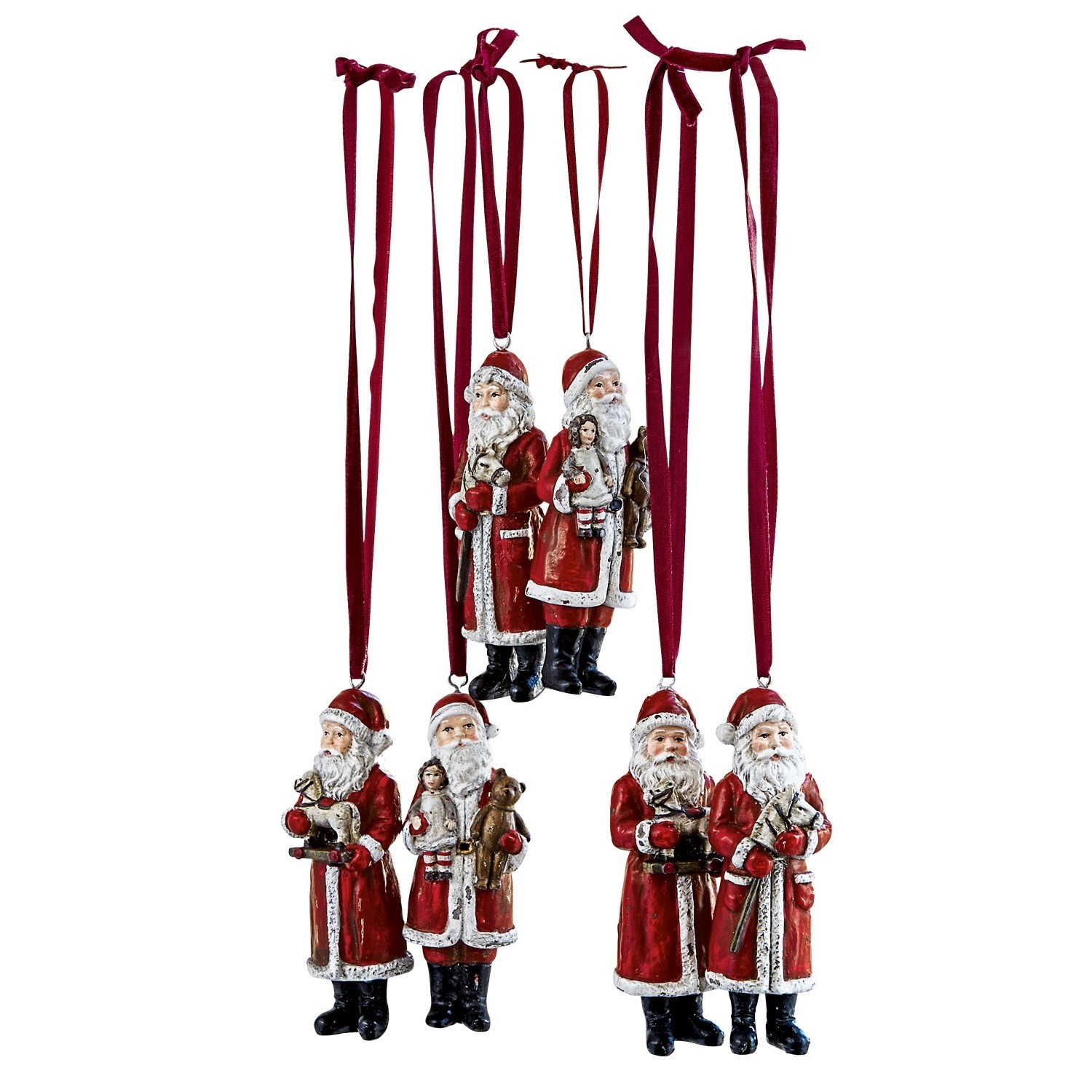Lot de 6 Pères Noël Corvin Ensemble de décorations de Noël Père Noël rouges en matériau avec rubans pour suspendre