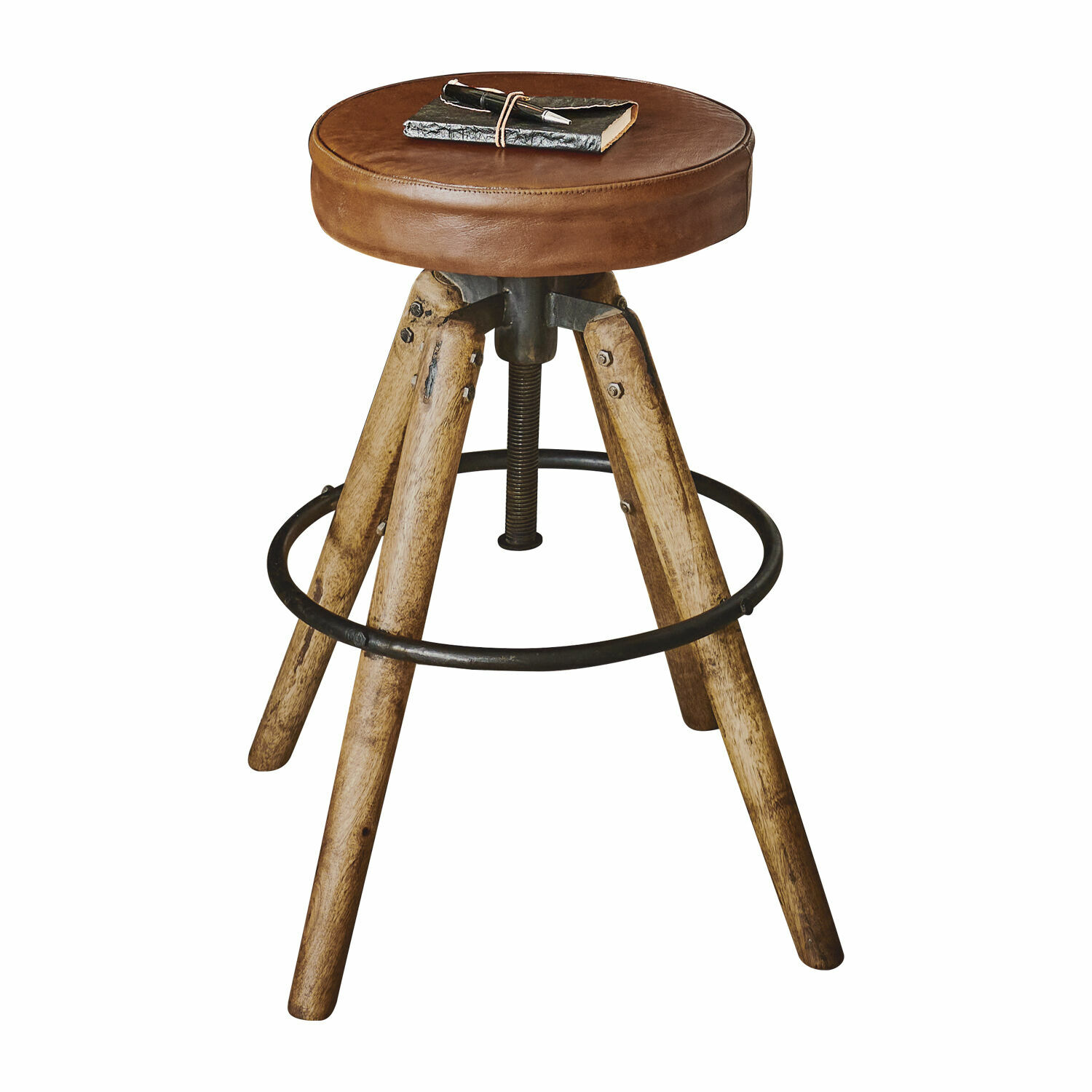 Tabouret Twist Tabouret de bar avec assise en cuir marron et pieds en bois avec anneau métallique noir