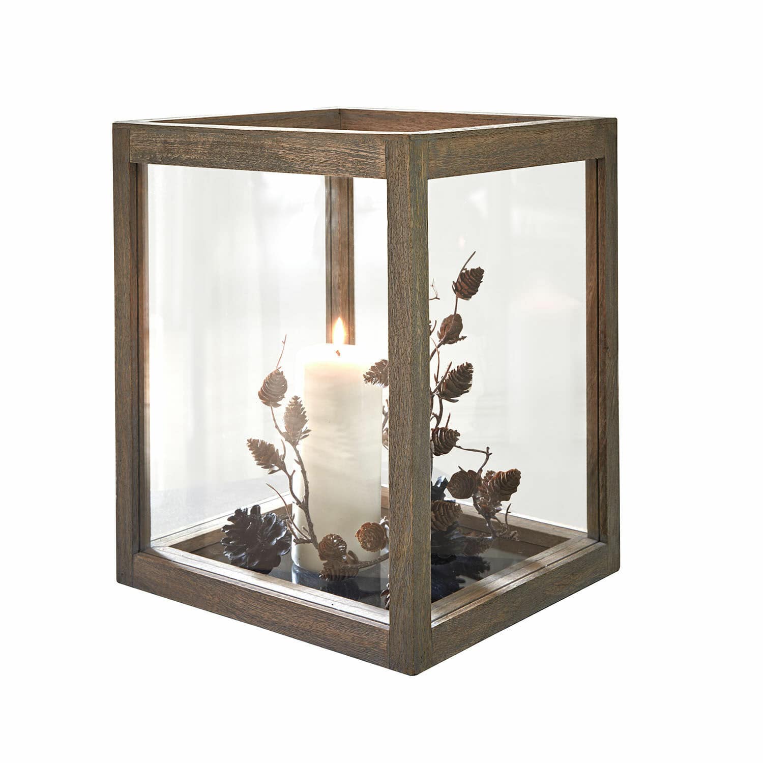 Photophore Solvik Lanterne en bois avec verre transparent et bougie blanche décorée de pommes de pin, décoration intérieure