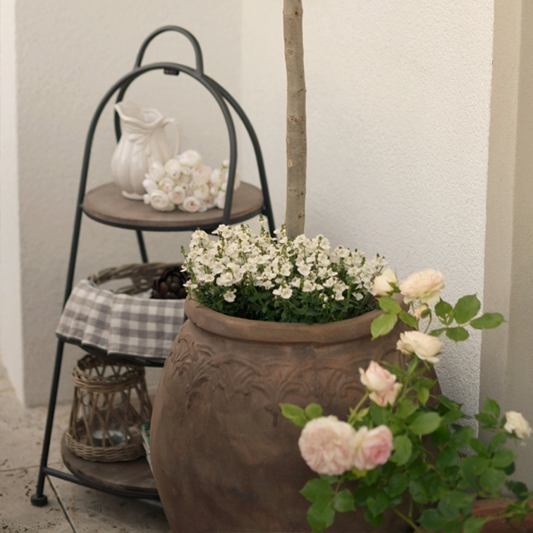 Grand pot en céramique avec fleurs blanches et roses près d'une étagère en métal avec pichet et lanterne