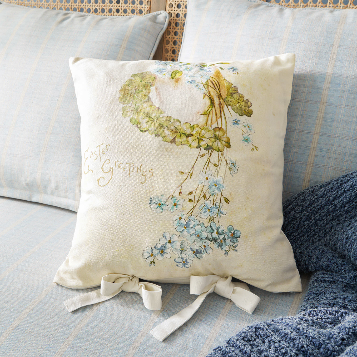 Housse de coussin Fierolla Coussin décoratif en coton crème avec impression florale et nœuds décoratifs
