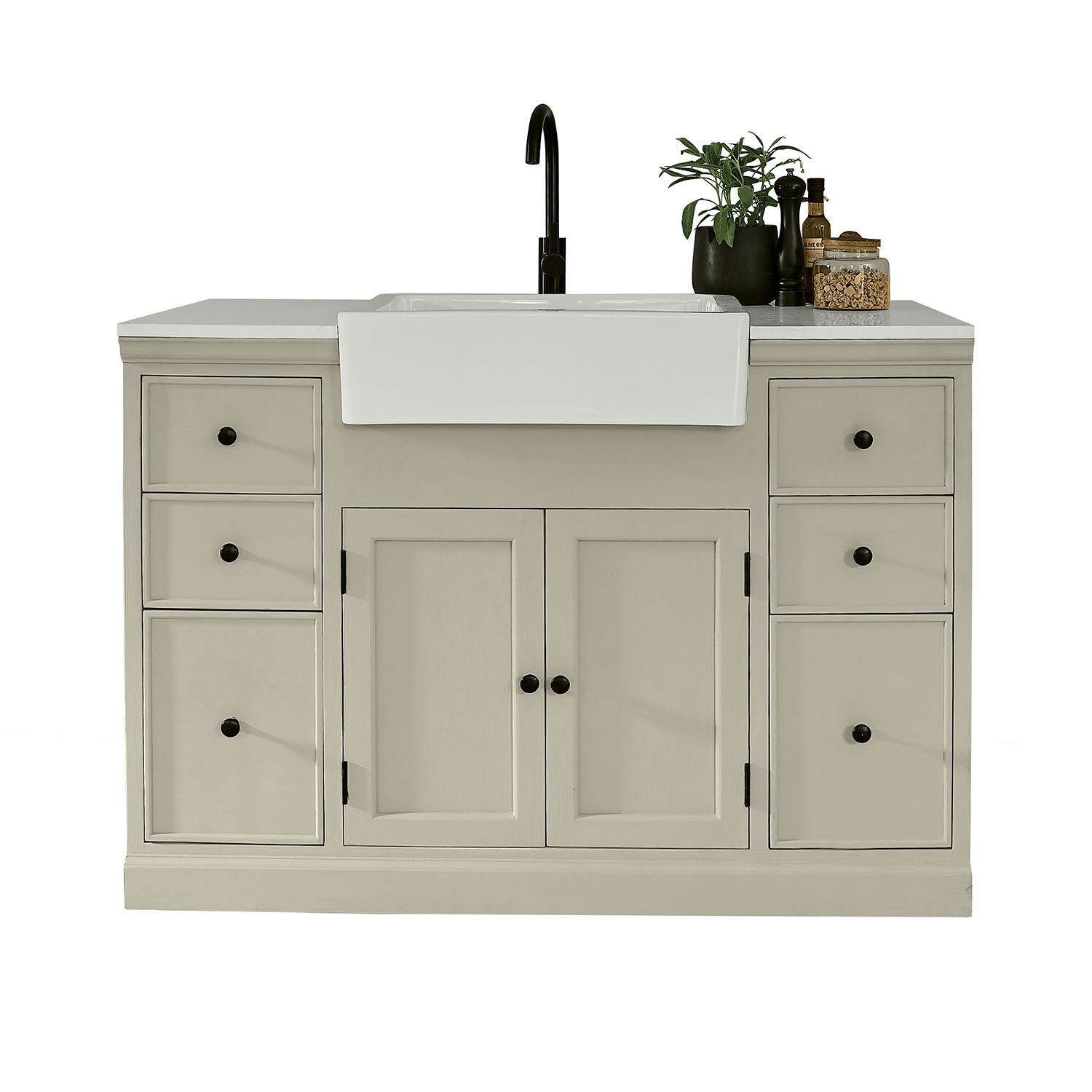 Meuble avec évier Orlévine Meuble de salle de bain en bois gris-beige avec évier en céramique blanche, design moderne pour salle de bain