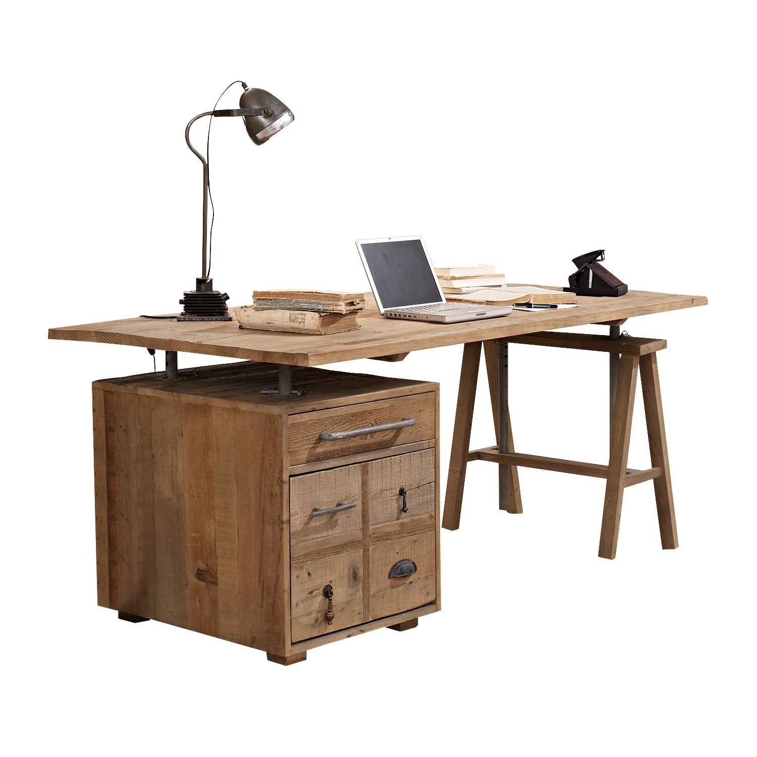 Bureau Dawson Bureau en bois massif avec tiroirs et lampe en métal, couleur naturelle, mobilier intérieur