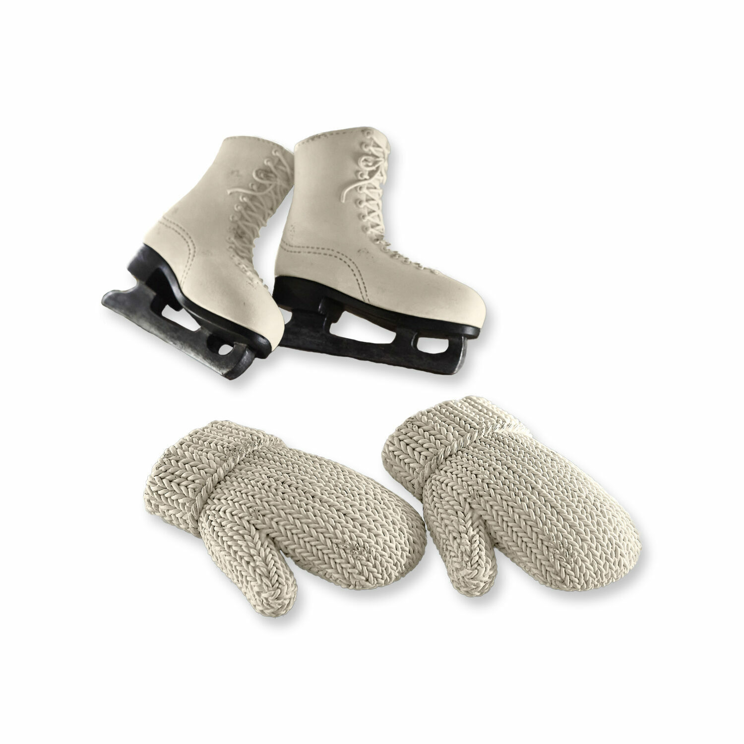 Lot de 4 décorations à suspendre Collines Patins à glace en cuir blanc avec gants tricotés beige, accessoires d'hiver pour sports de glace