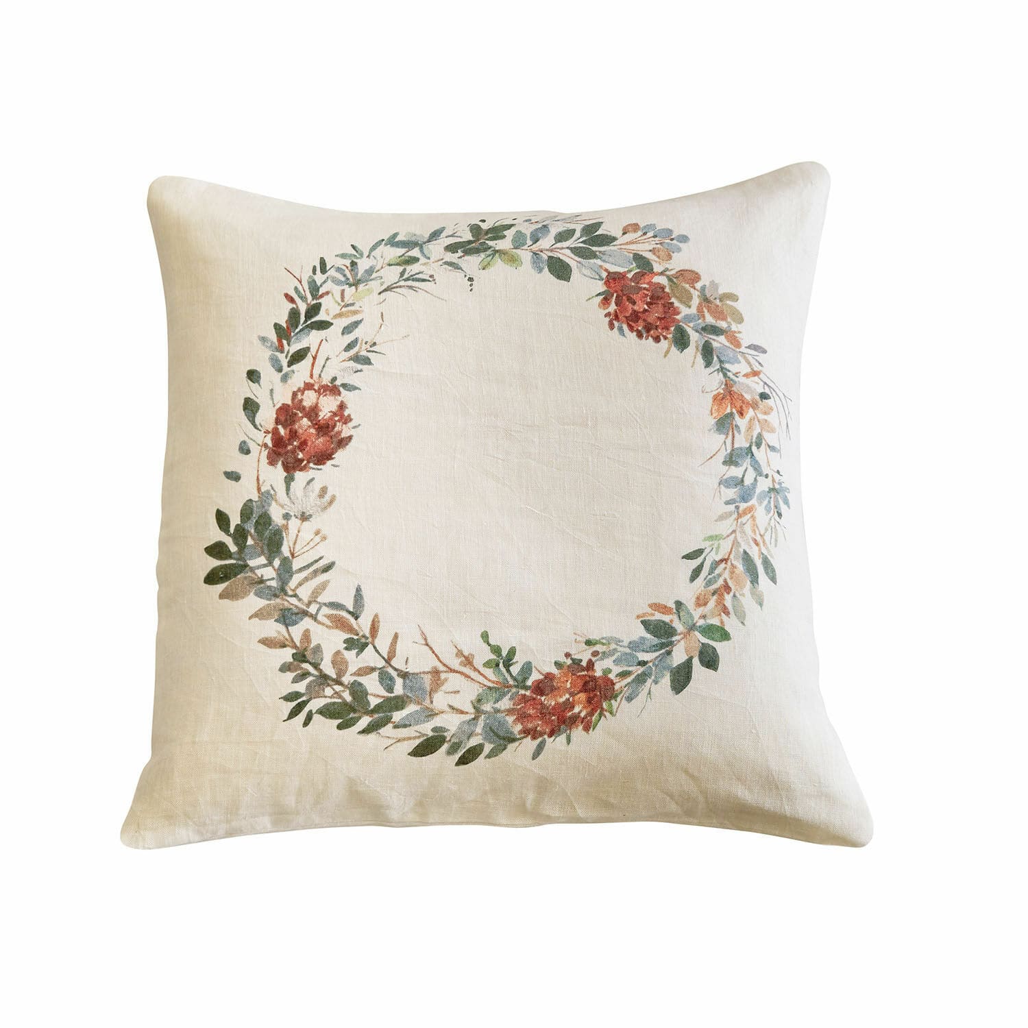Housse de coussin Torge Coussin beige en lin avec couronne décorative de feuilles et fleurs rouges pour salon