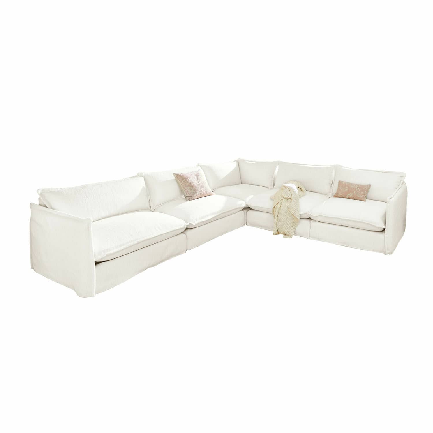 Canapé Illingworth Grand canapé d'angle rembourré beige clair avec coussins et plaid doux pour salon