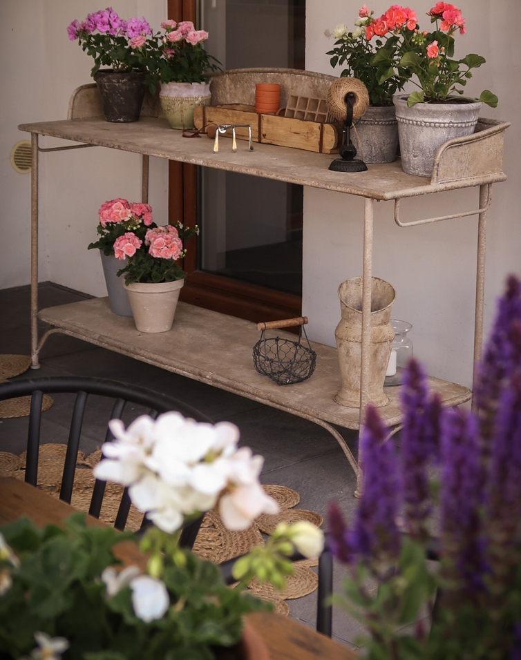Table de jardin en métal avec pots de fleurs et décorations sur terrasse, couleur naturelle