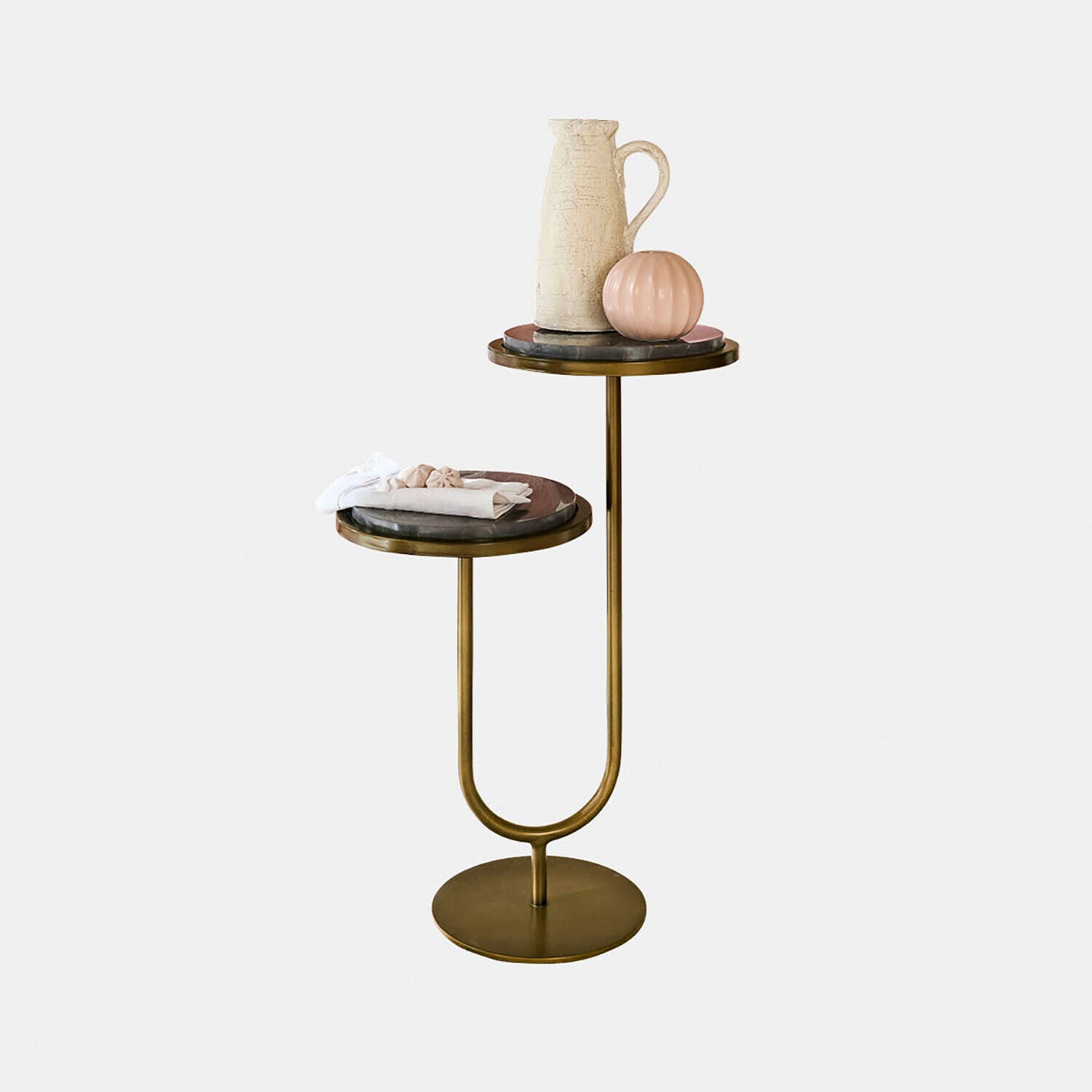 Table d’appoint Corvane Table d'appoint en métal laiton avec deux plateaux ronds en marbre foncé pour décoration intérieure