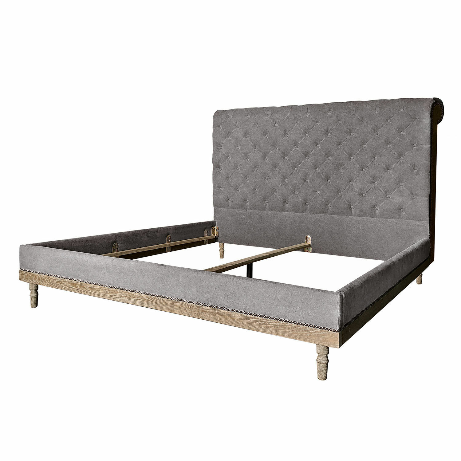 Lit tapissé gris antique avec tête de lit capitonnée et cadre en bois naturel
