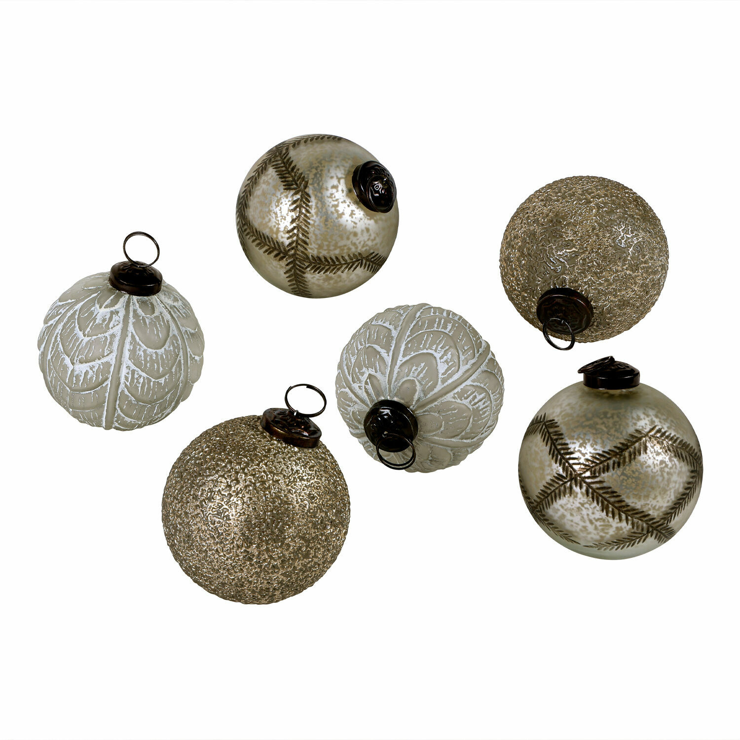 Lot de 6 boules de Noël Hélisande Ensemble de six boules de Noël décoratives blanches et dorées avec motifs et textures variées