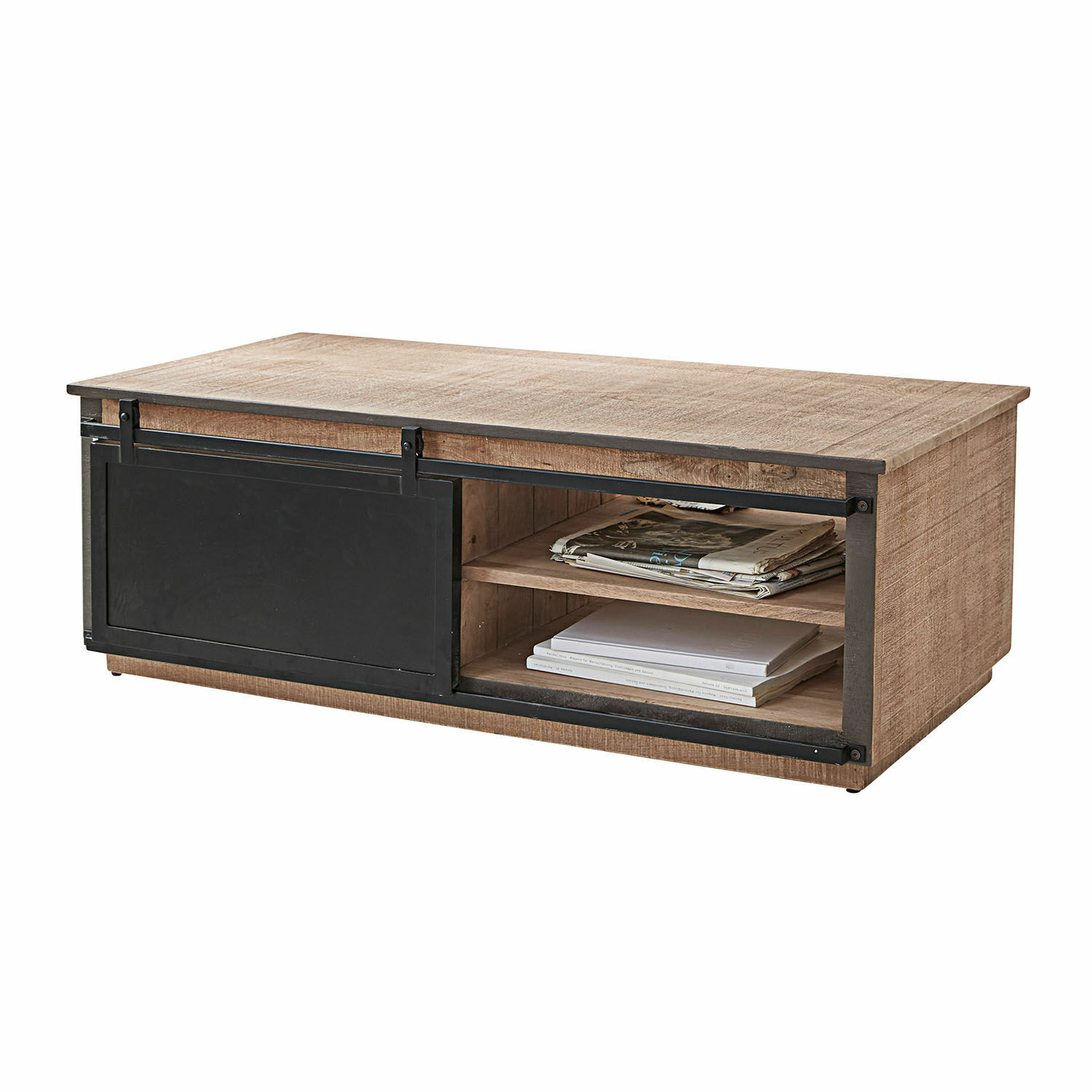 Table basse Vulmont Table basse en bois de manguier naturel et métal noir avec portes coulissantes pour rangement