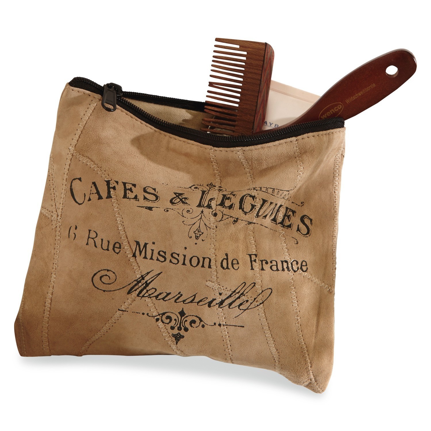 Pochette Jeannice Trousse en cuir beige avec impression de texte français et fermeture éclair noire pratique