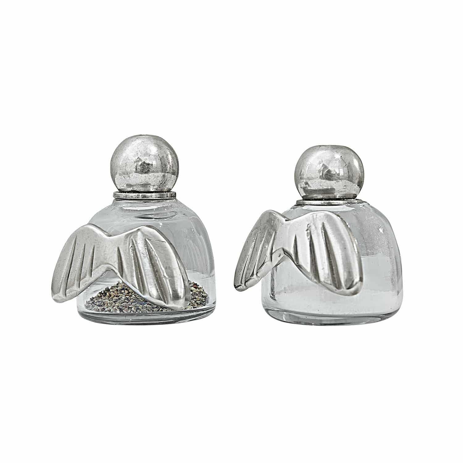 Salière et poivrière Yverelle Ensemble de deux salières en verre avec ailes métalliques argentées pour cuisine moderne