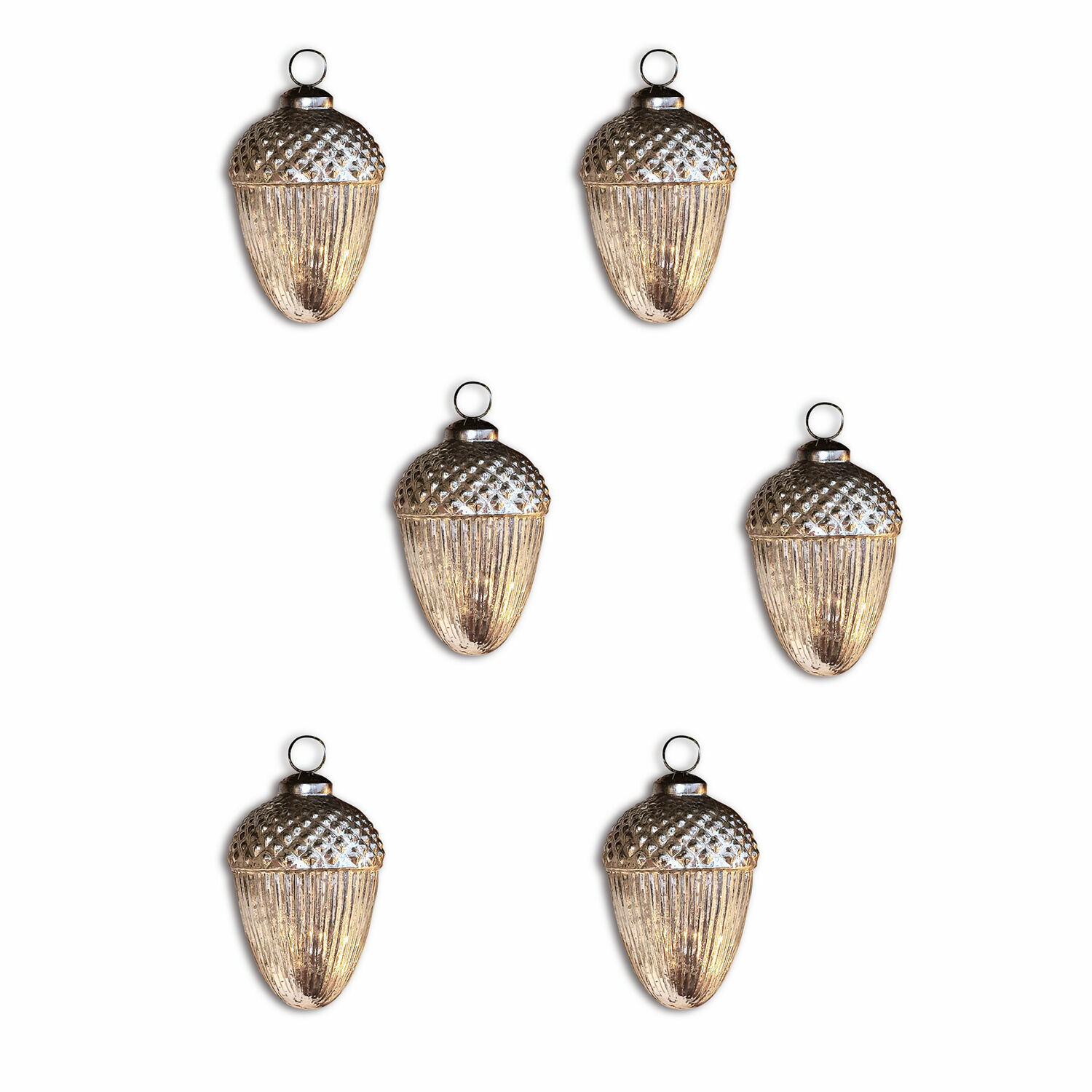 Lot de 6 décorations de Noël Gland Six suspensions décoratives en forme de glands en verre argenté pour décoration de Noël