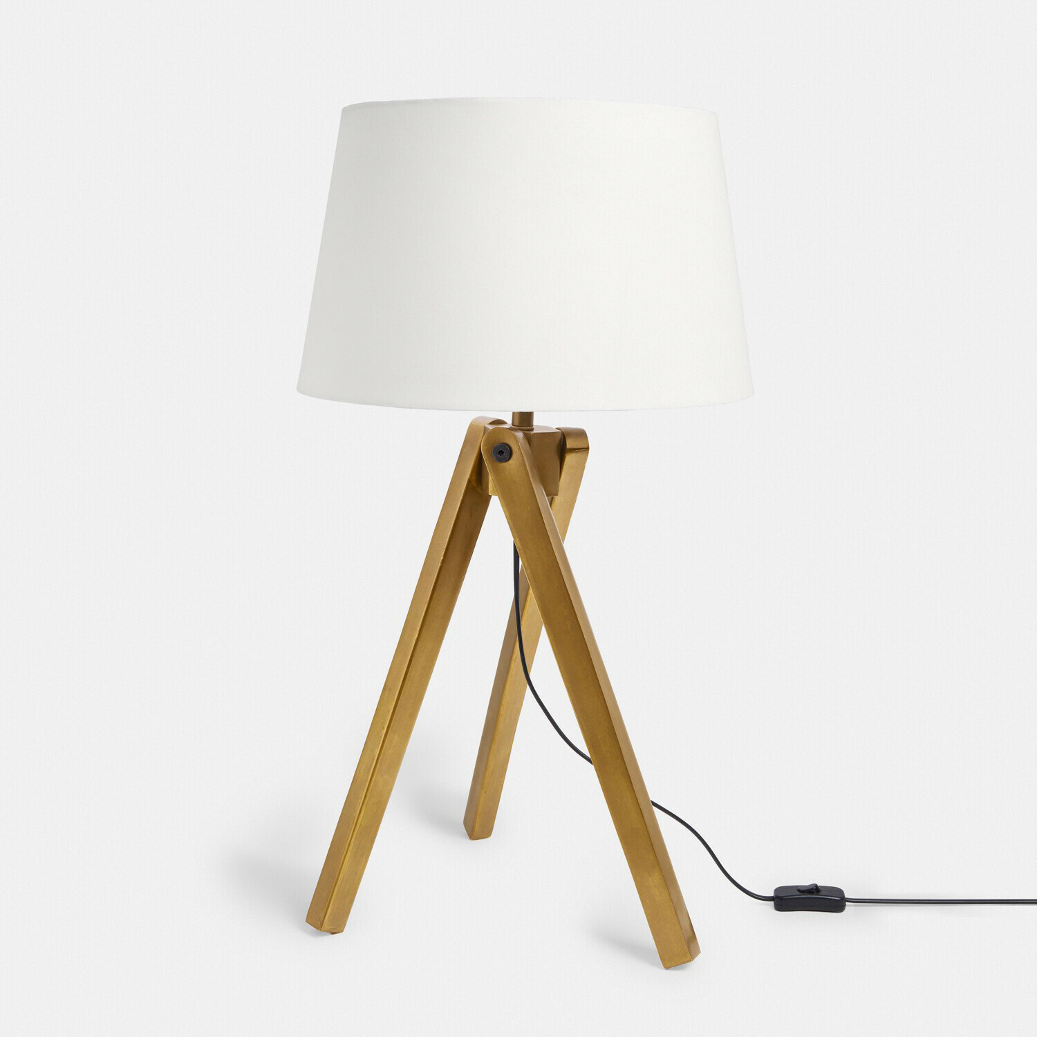 Lampe à poser Kelvio Lampe de table avec abat-jour blanc et base en bois doré à trois pieds pour salon moderne