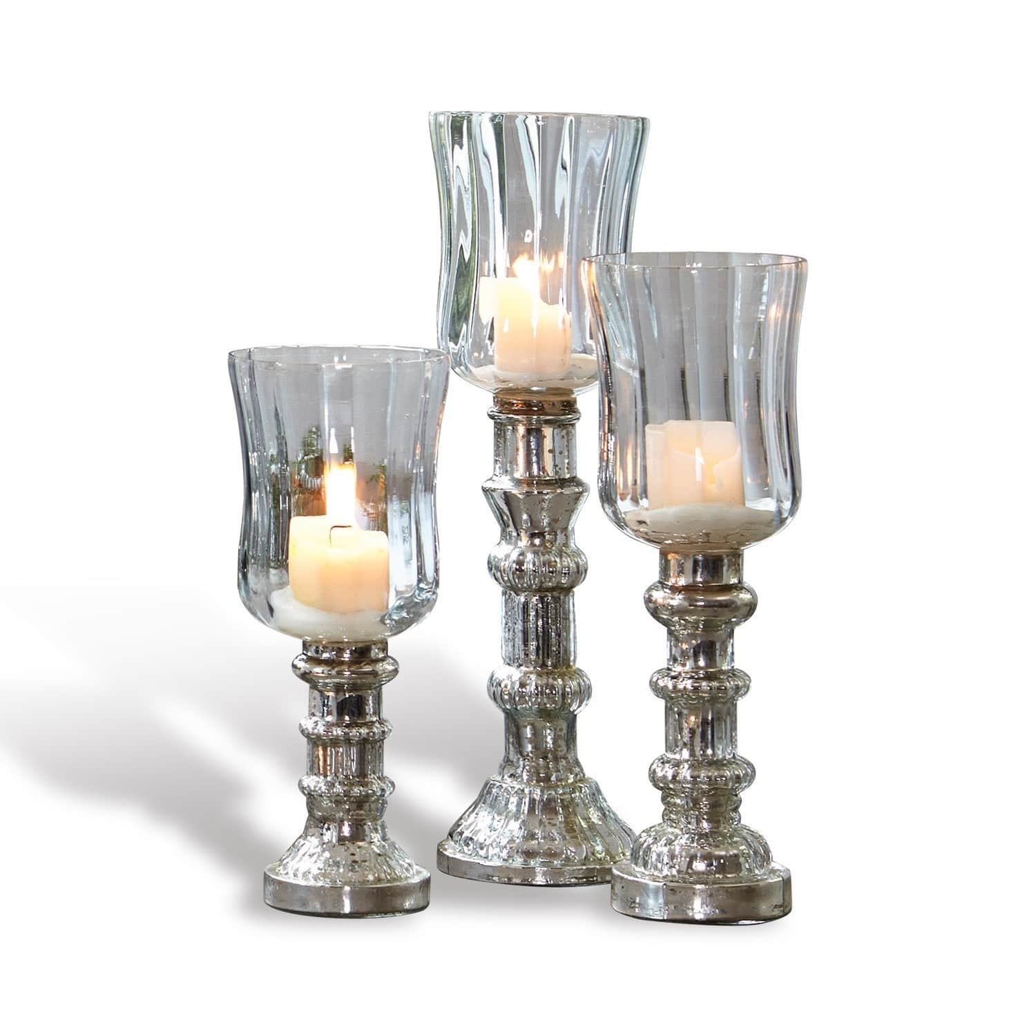 Lot de 3 photophores Fréjeville Ensemble de trois bougeoirs en verre avec base métallique argentée pour décoration intérieure