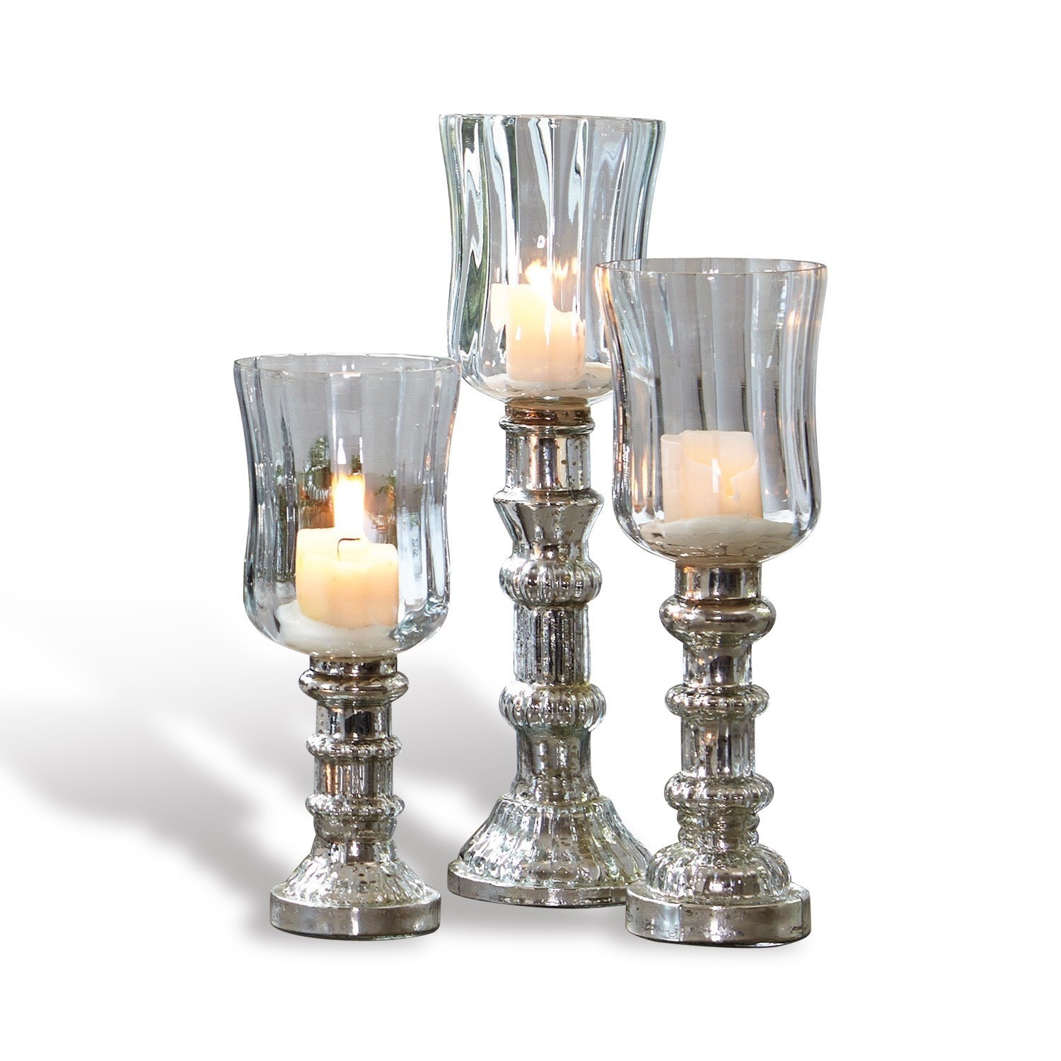 Lot de 3 photophores Fréjeville Ensemble de trois bougeoirs en verre avec base métallique argentée pour décoration intérieure