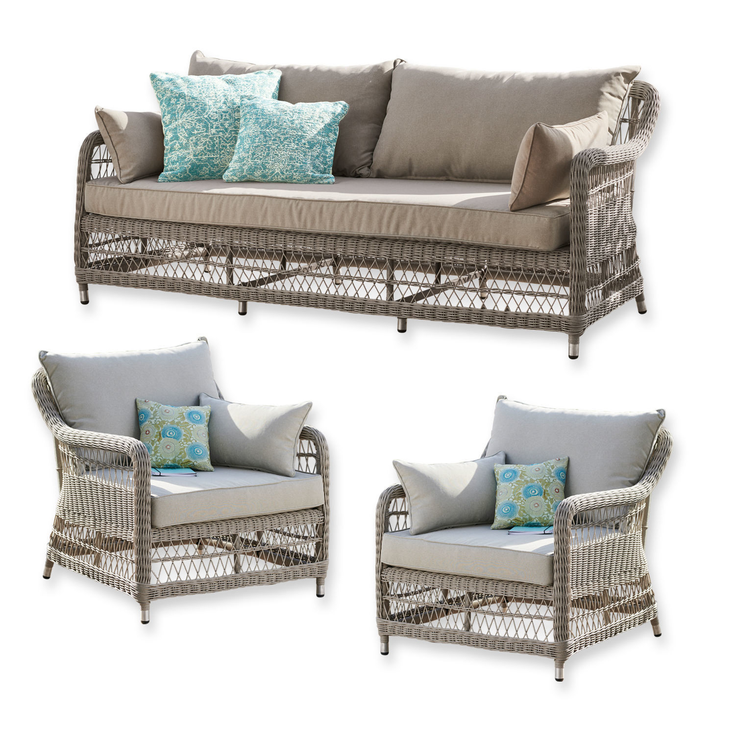 Salon de jardin Tanaiste Ensemble de meubles de jardin en rotin gris avec coussins beige et coussins décoratifs turquoise à motifs