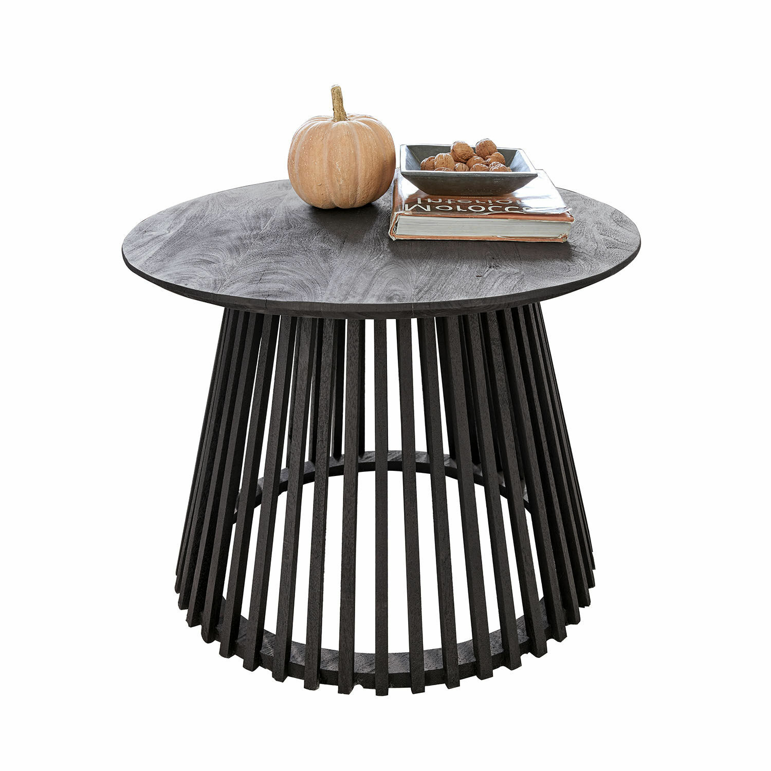 Table basse Montaril Table basse ronde en bois noir avec décoration citrouille et livre, meuble moderne pour salon