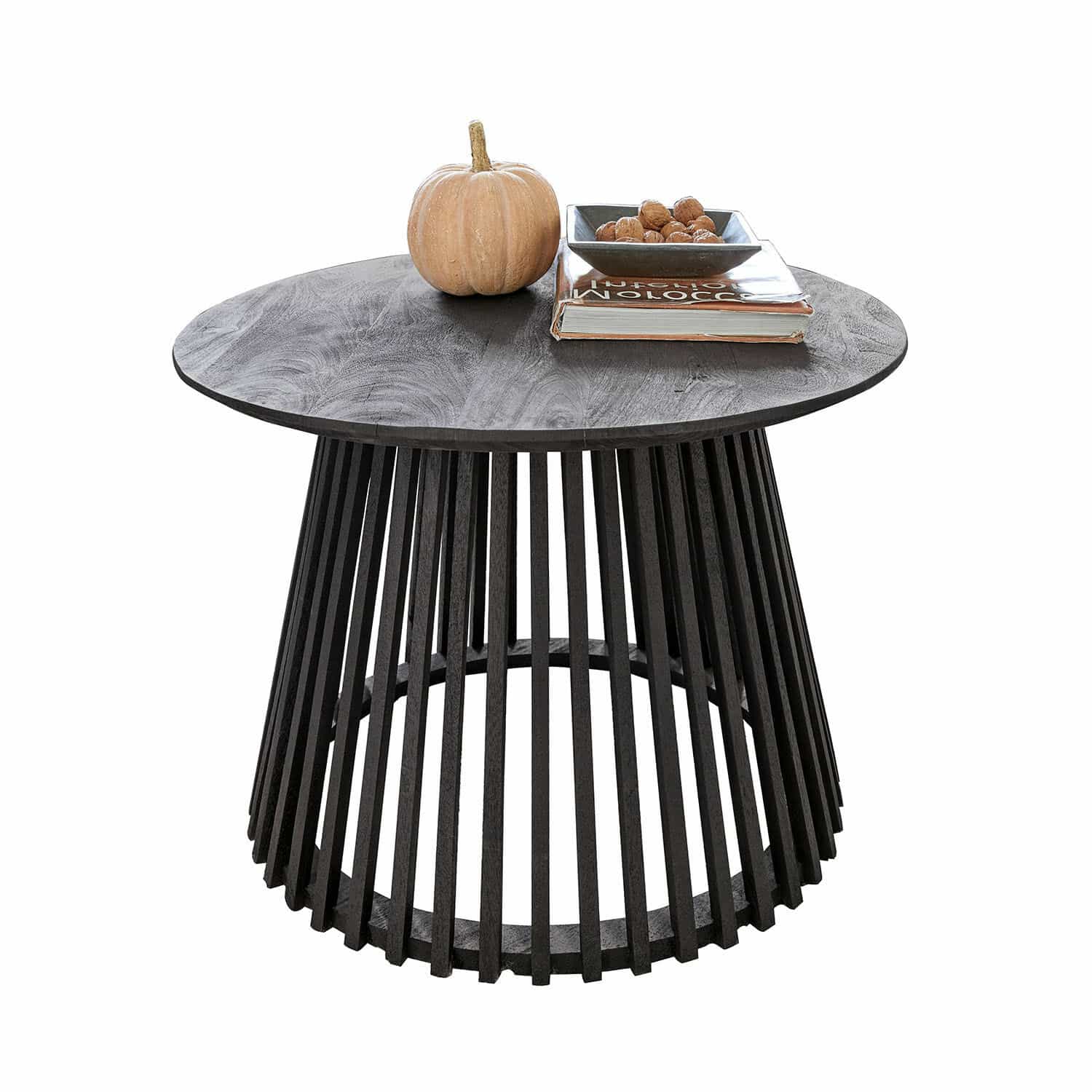 Table basse Montaril Table basse ronde en bois noir avec décoration citrouille et livre, meuble moderne pour salon